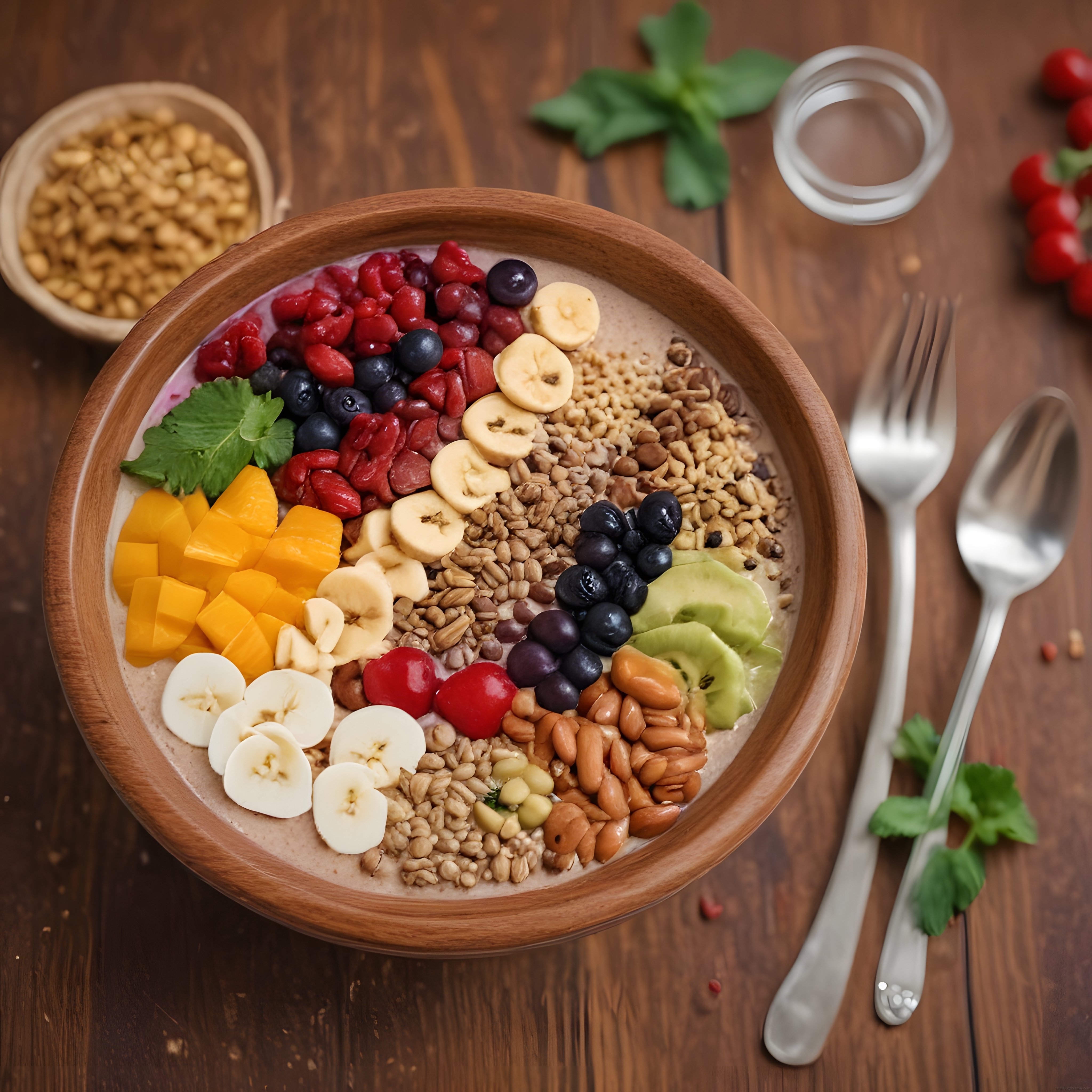 Ahşap Kasede Renkli Meyveli ve Granolalı Sağlıklı Smoothie Bowl