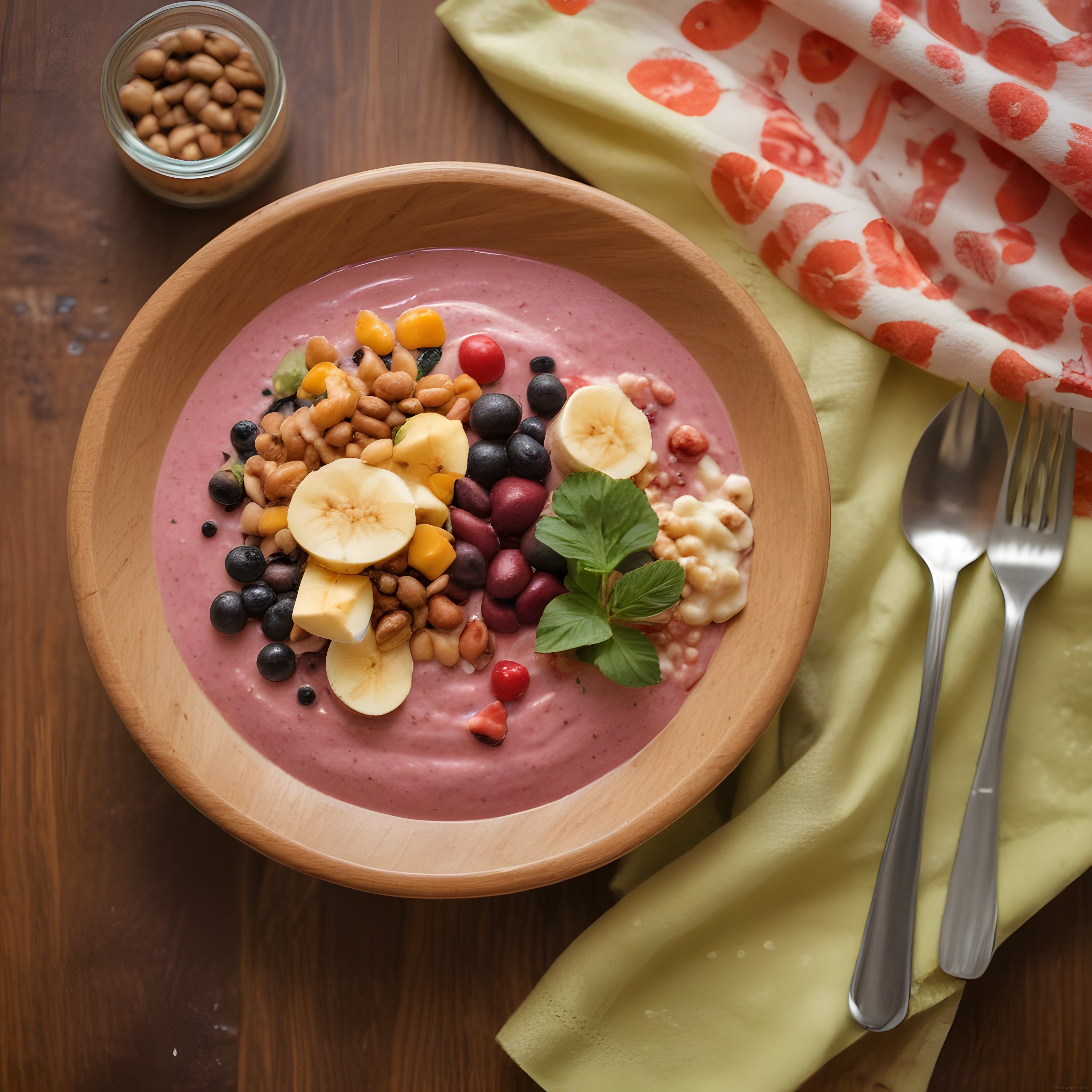 Ahşap Kasede Renkli Meyveli ve Kuruyemişli Sağlıklı Smoothie Kasesi