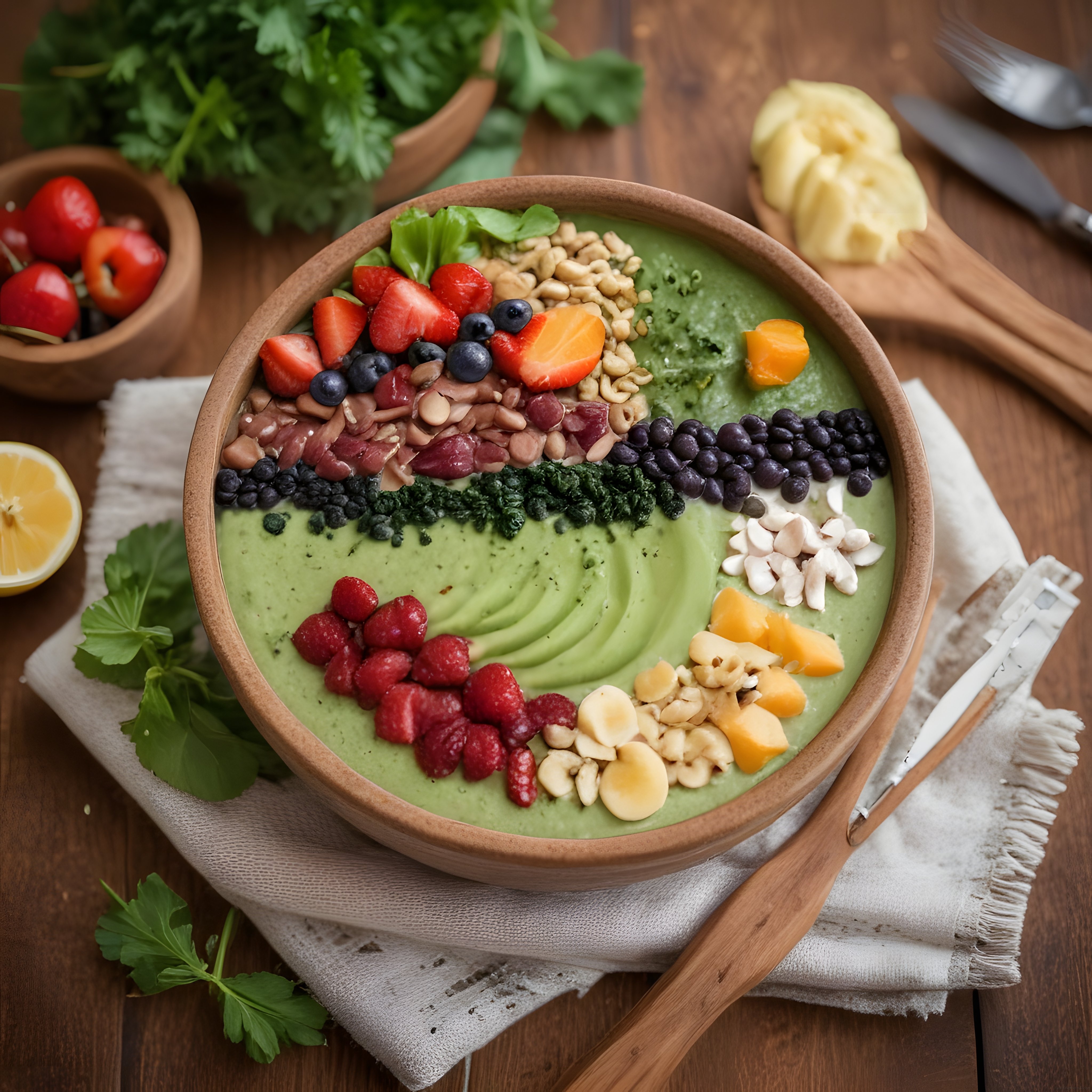 Ahşap Kasede Renkli Meyveli ve Tohumlu Yeşil Smoothie Bowl Kahvaltı Tarifi