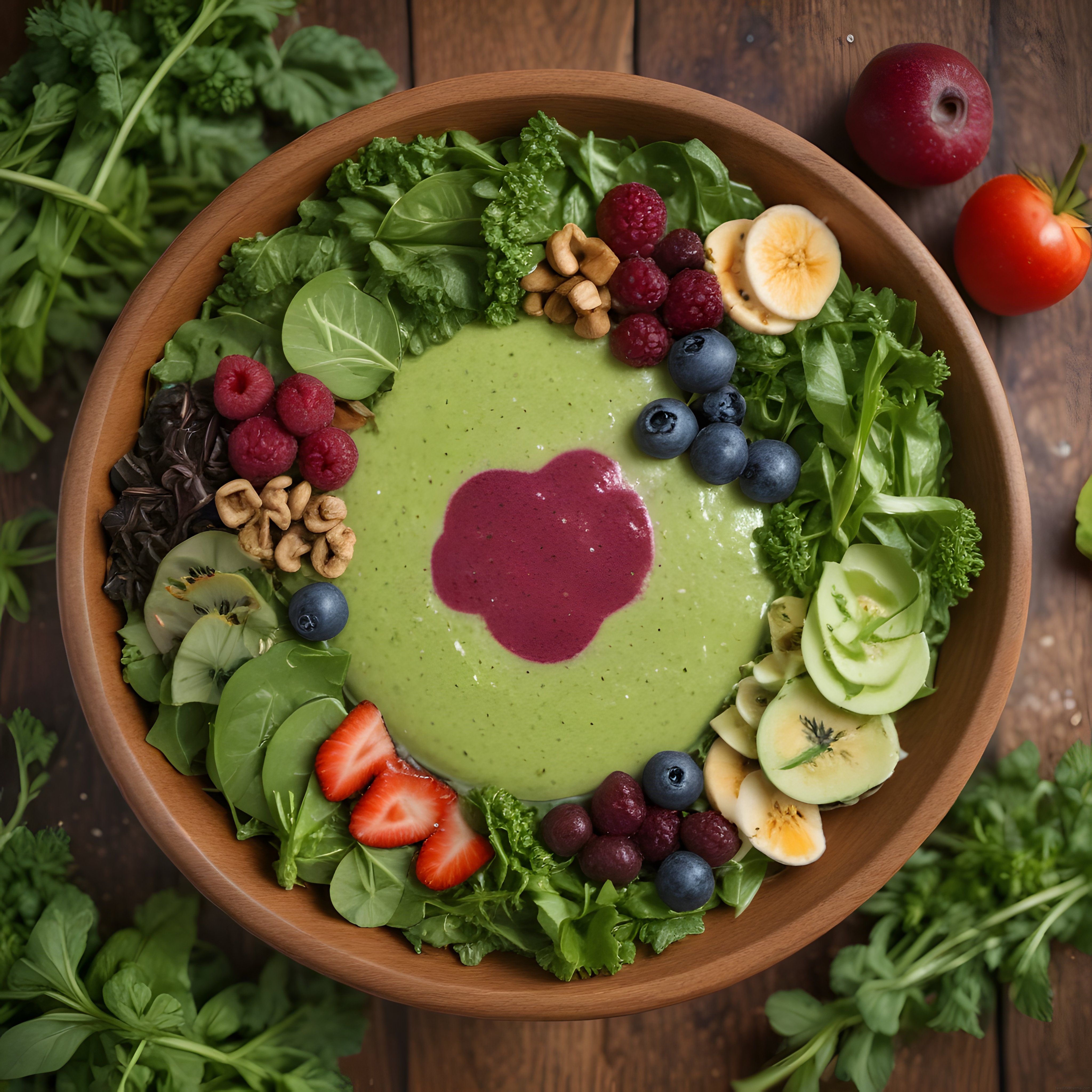 Ahşap Kasede Renkli Meyveli ve Yeşillerle Süslenmiş Sağlıklı Smoothie Bowl