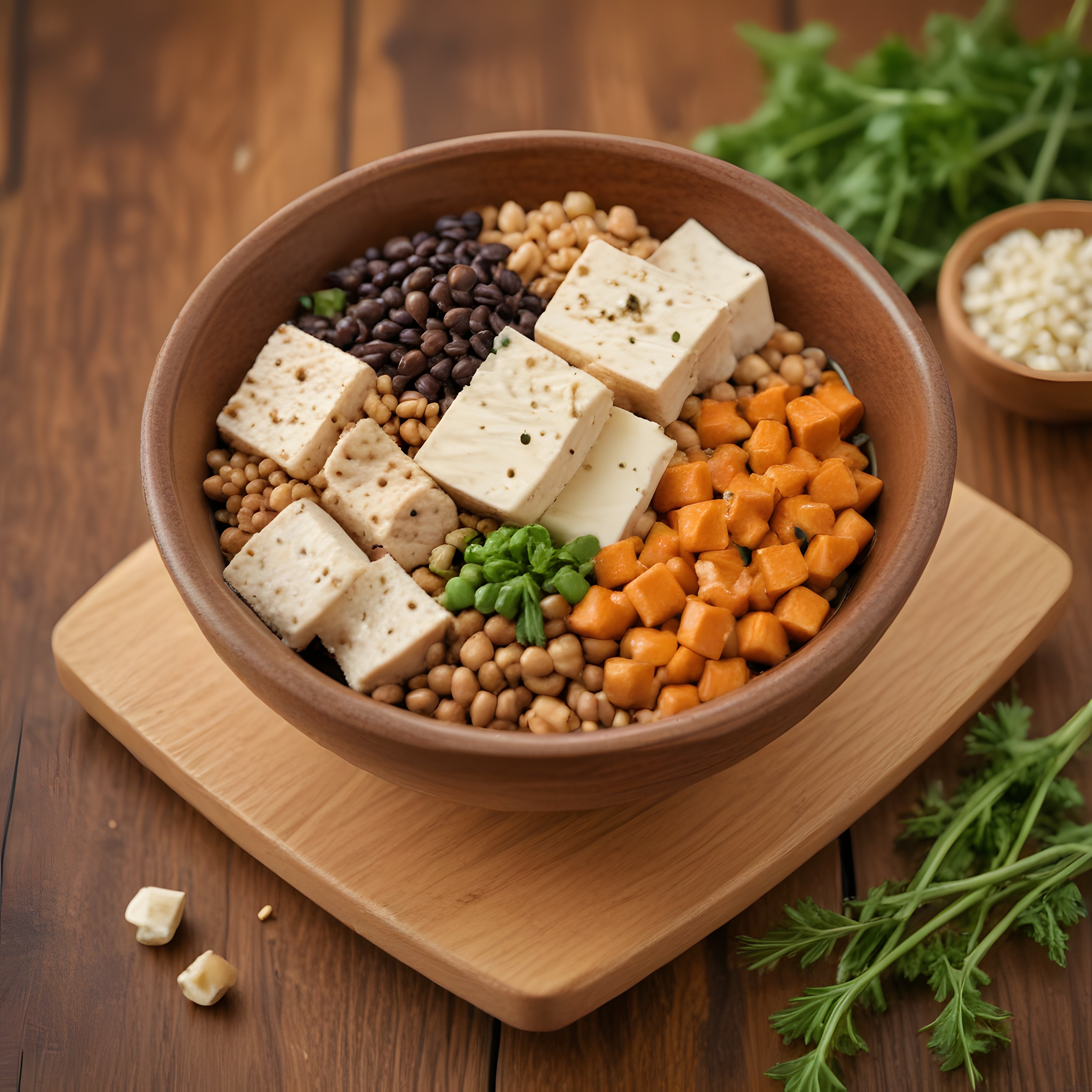 Ahşap Kasede Renkli Nohutlu Peynirli Besleyici Buddha Bowl Sunumu