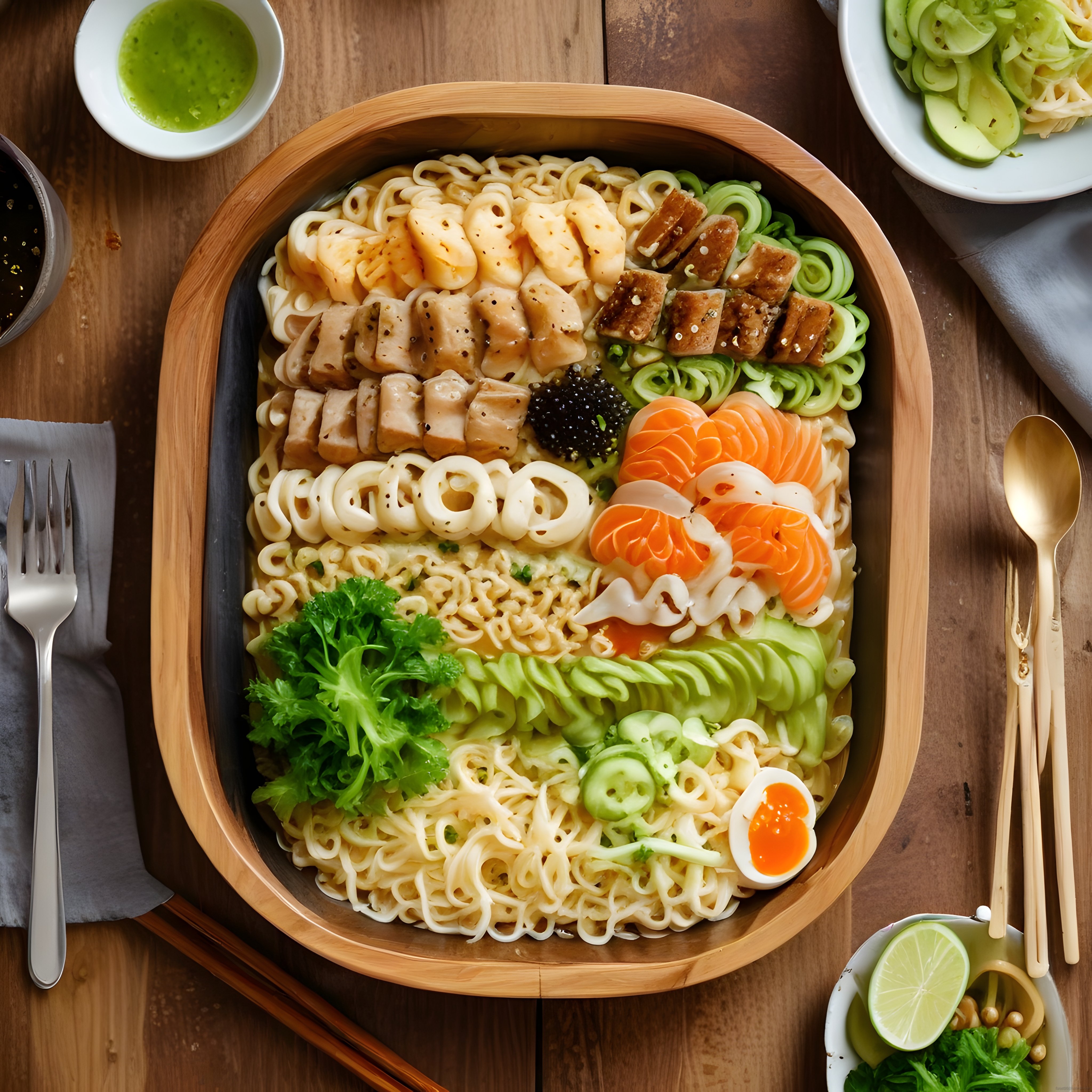 Ahşap Kasede Renkli Ramen Bowl: Somon, Tavuk ve Taze Sebzelerle Asya Lezzeti