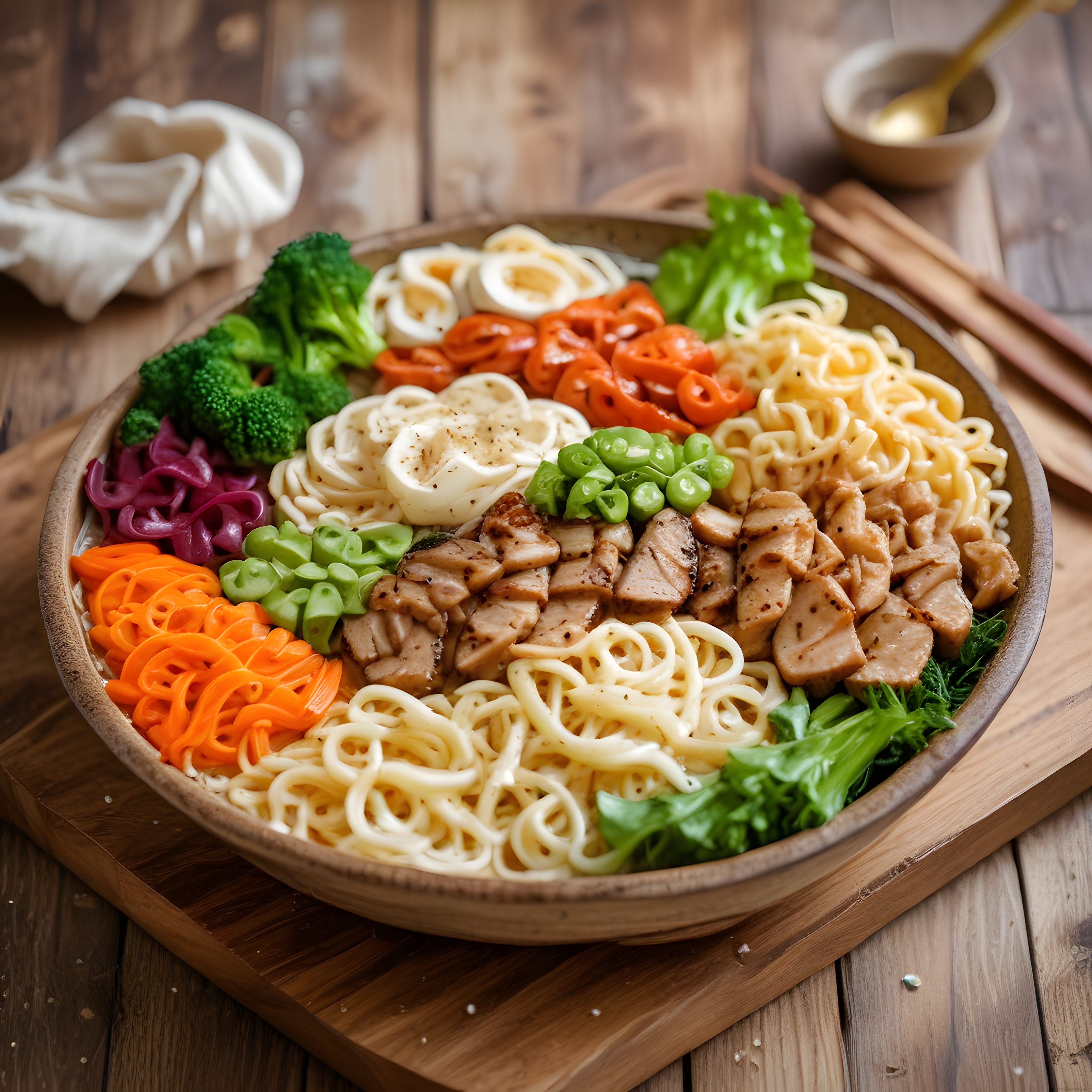Ahşap Kasede Renkli Sebzeler ve Izgara Tavuklu Noodle Bowl Yemeği