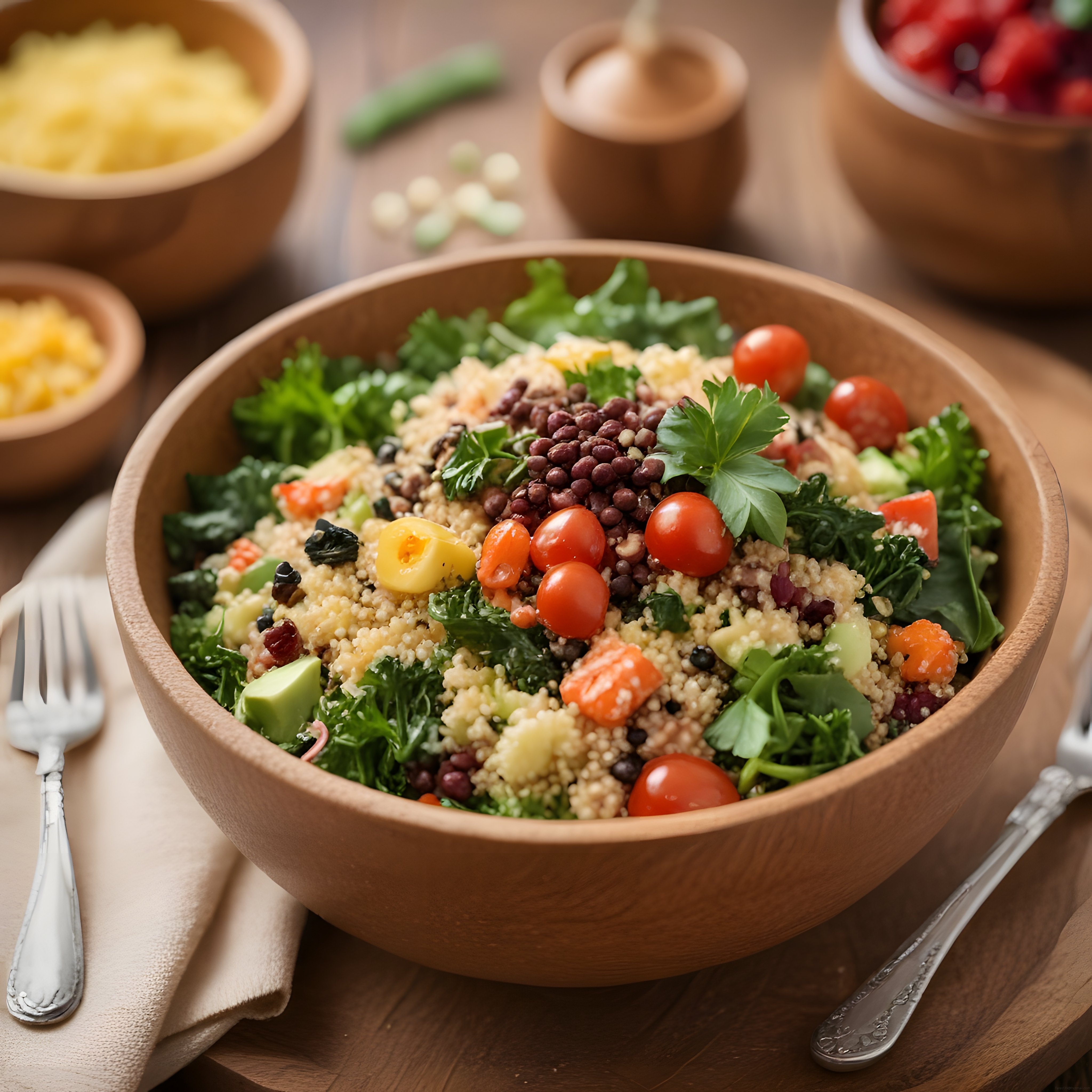 Ahşap kasede renkli sebzeler ve quinoa ile hazırlanmış sağlıklı besin kasesi