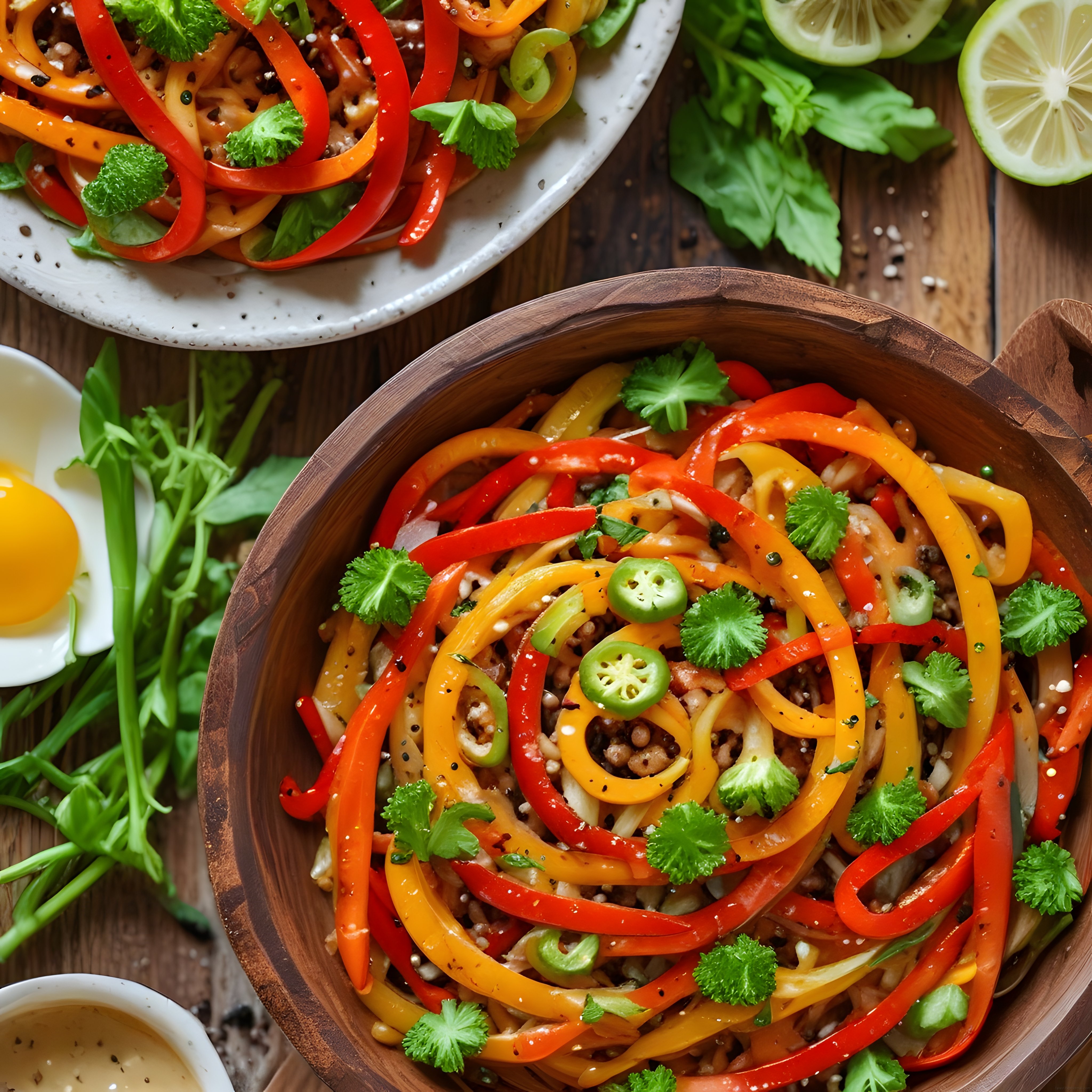 Ahşap Kasede Renkli Sebzelerle Hazırlanmış Asya Usulü Noodle Sunumu