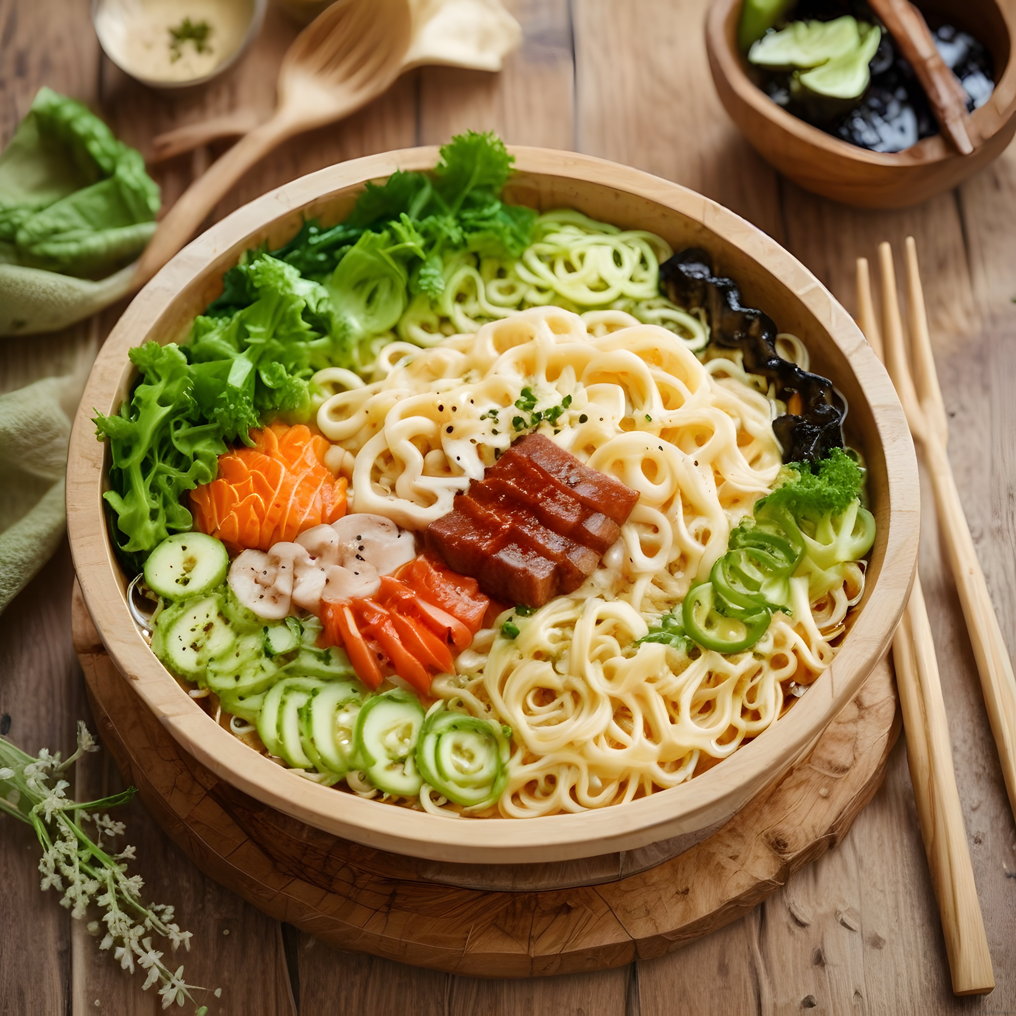 Ahşap Kasede Renkli Sebzelerle Süslenmiş Noodle Kase Sunumu