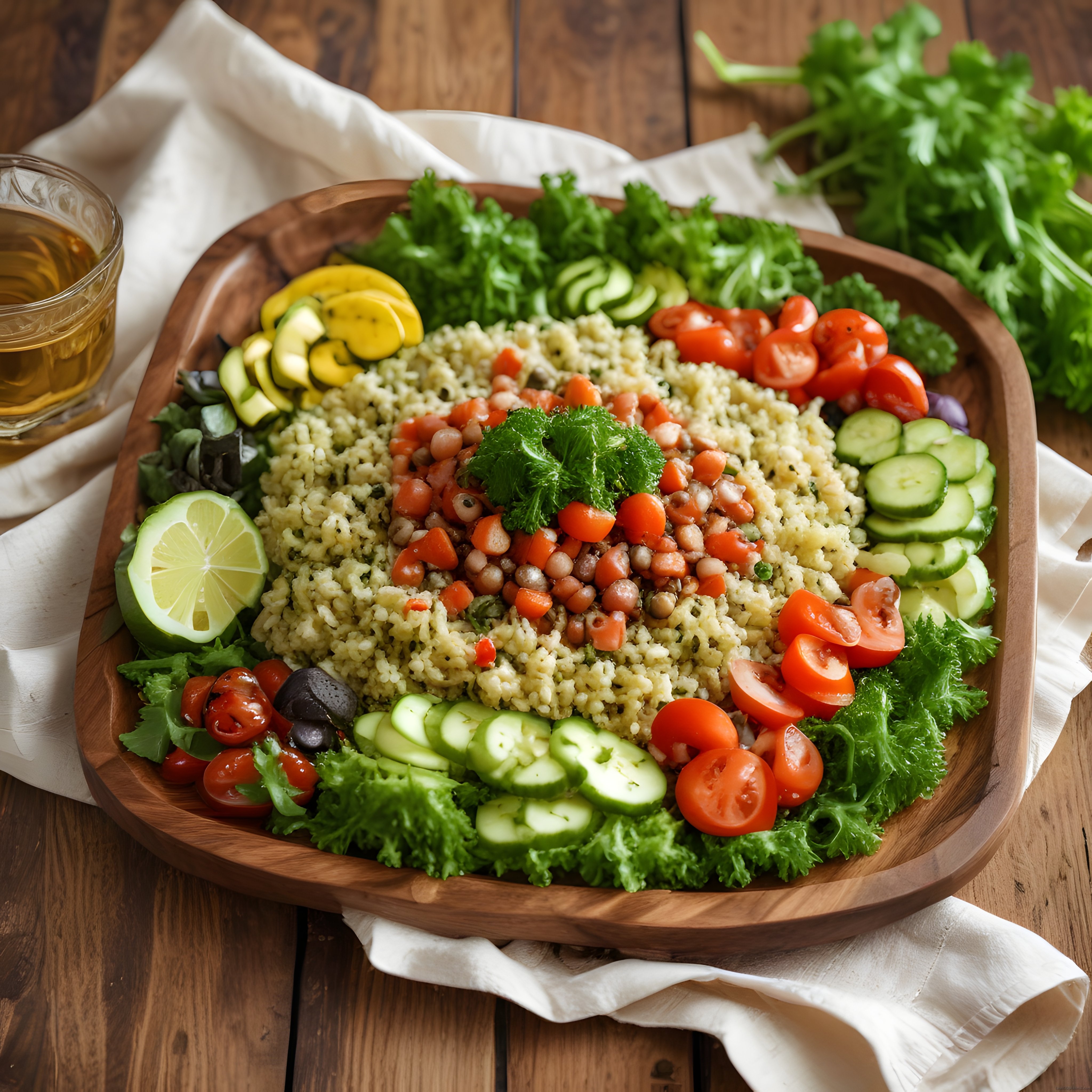 Ahşap Kasede Renkli Sebzelerle Süslenmiş Sağlıklı Kuskus Salatası