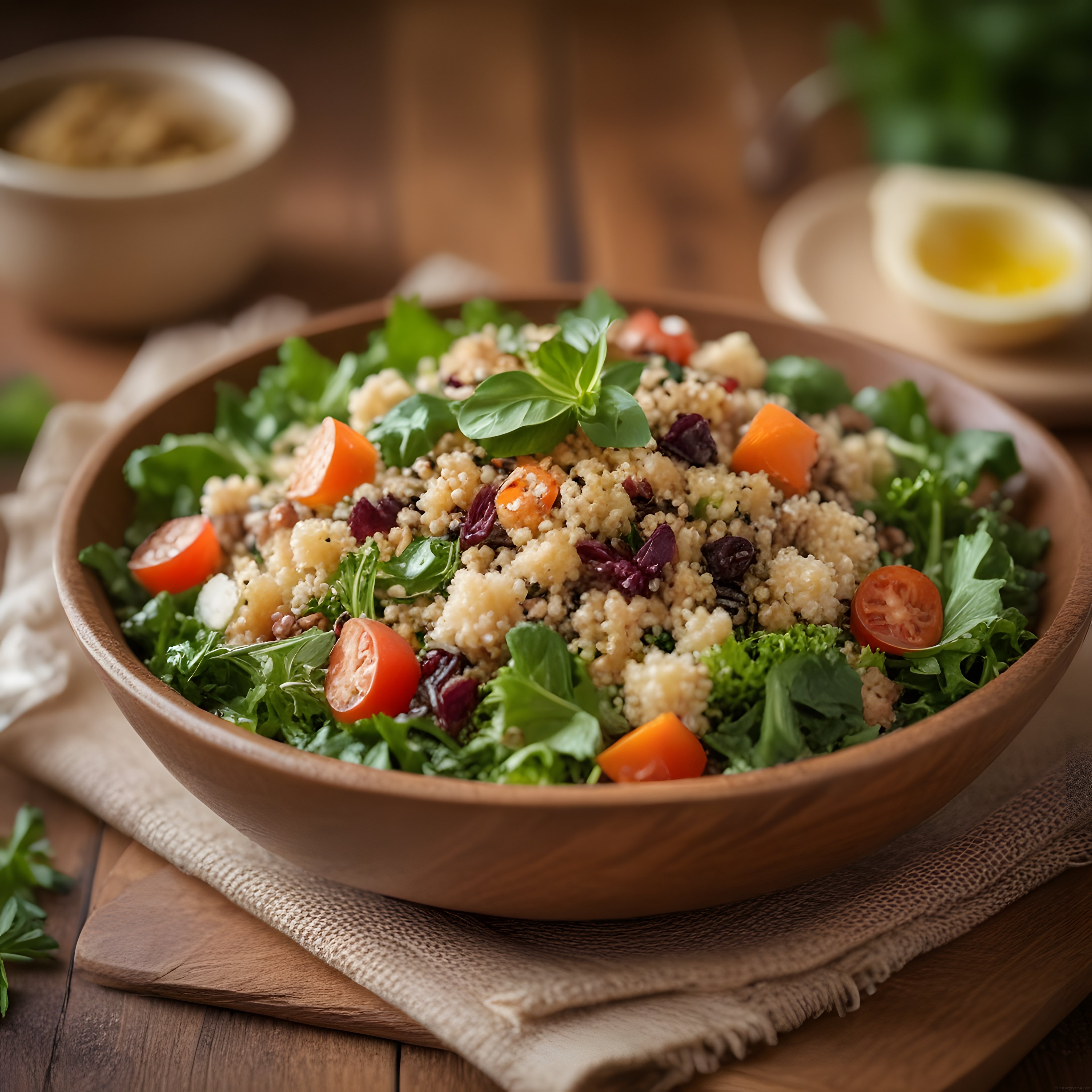 ahşap kâsede renkli sebzelerle zenginleştirilmiş taze quinoa salatası