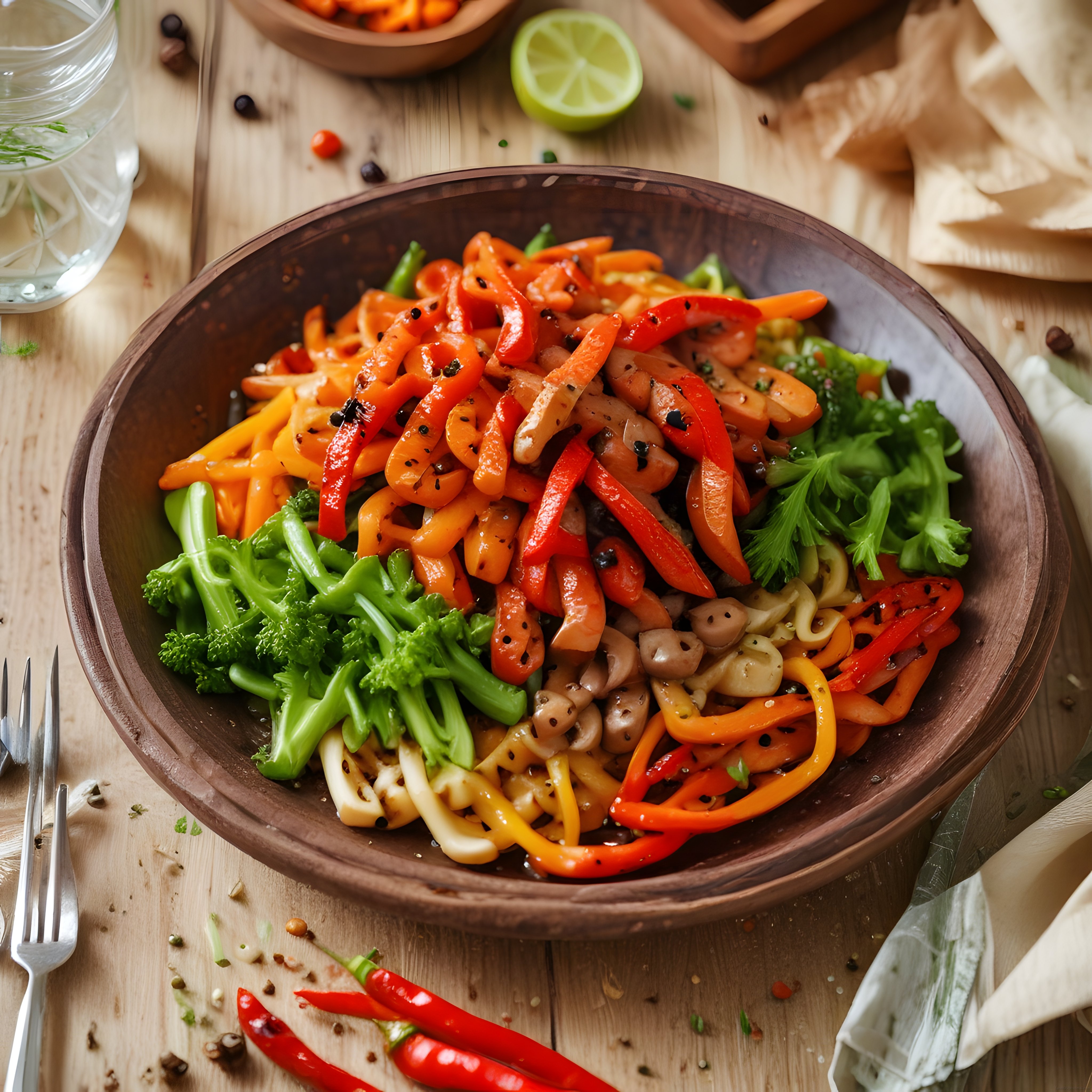 Ahşap kasede renkli sebzeli, mantarlı ve kalamarlı Asya usulü noodle sote