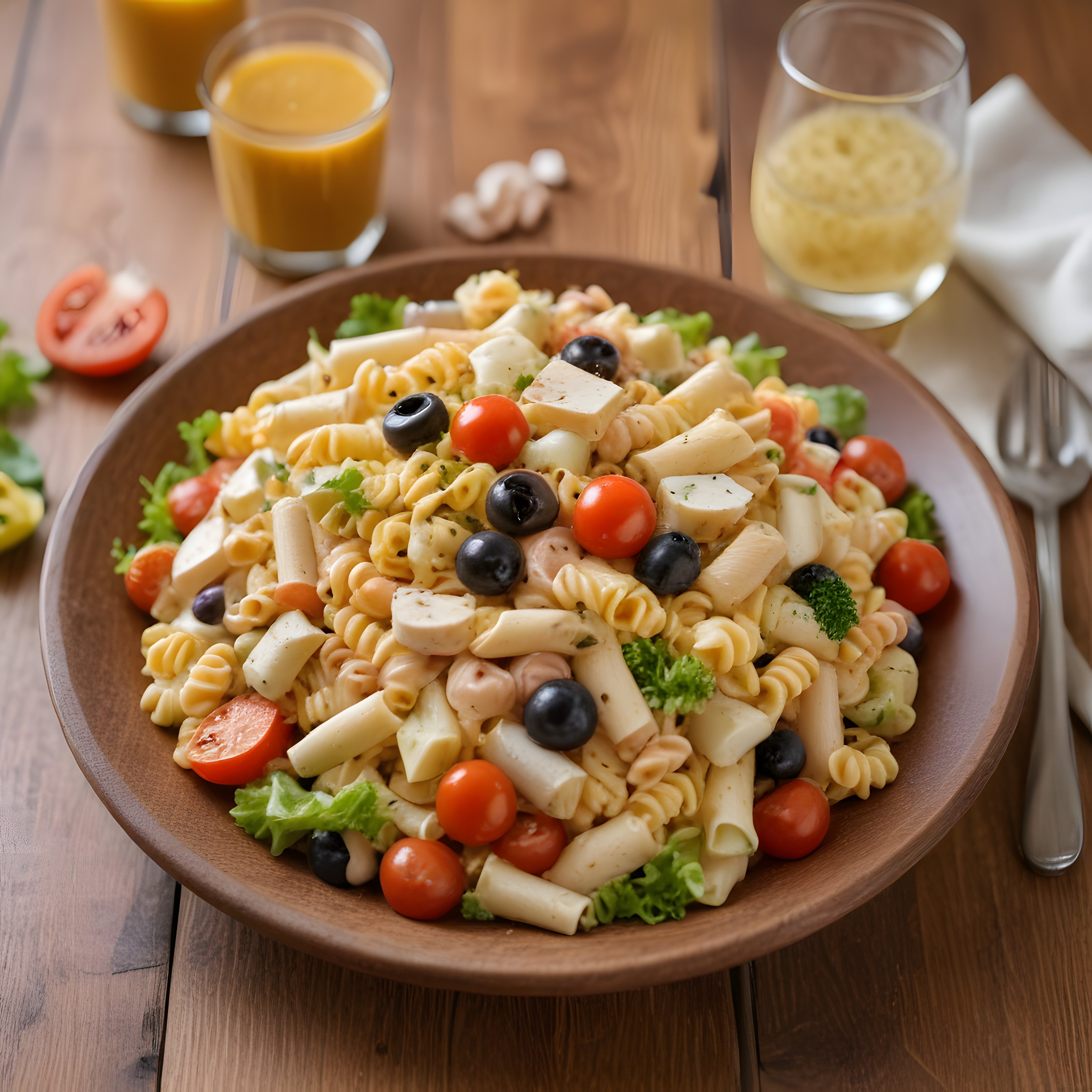 Ahşap Kasede Renkli Sebzeli Peynirli Makarna Salatası ve Portakal Suyu