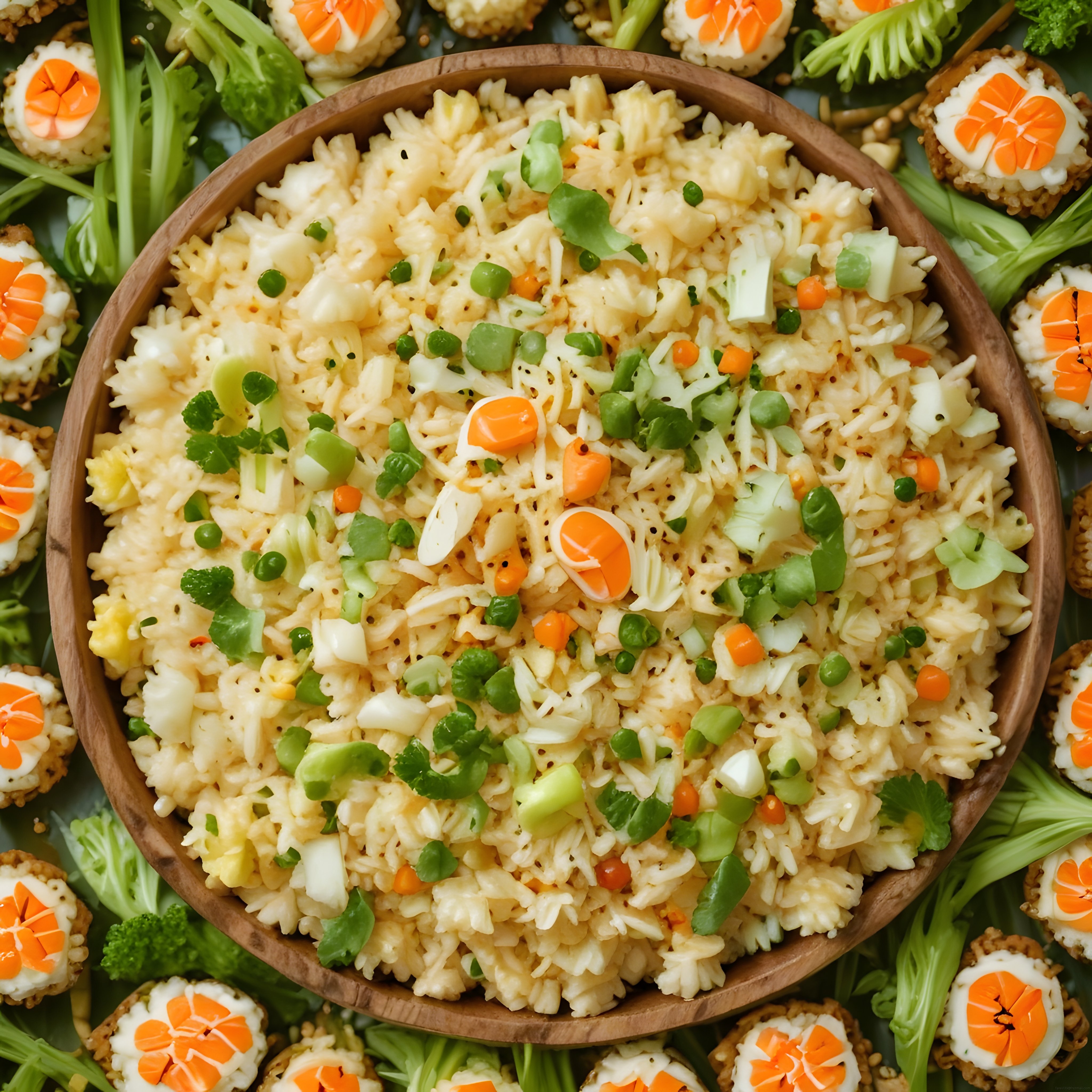 Ahşap Kasede Renkli Sebzeli Pilav, Yeşillikler ve Farklı Sushi Çeşitleri Sunumu