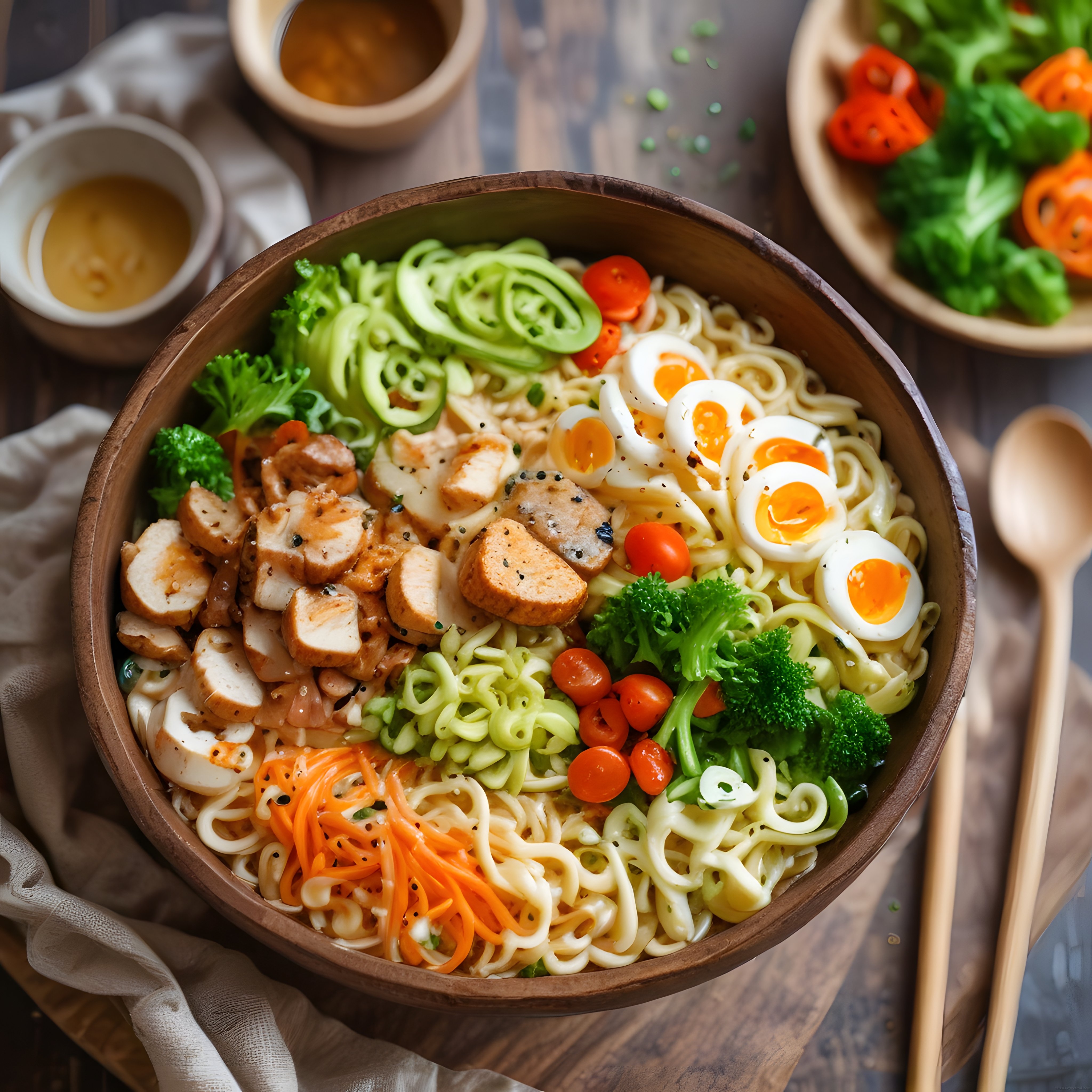 Ahşap Kasede Renkli Sebzeli ve Haşlanmış Yumurtalı Tavuk Noodle Bowl