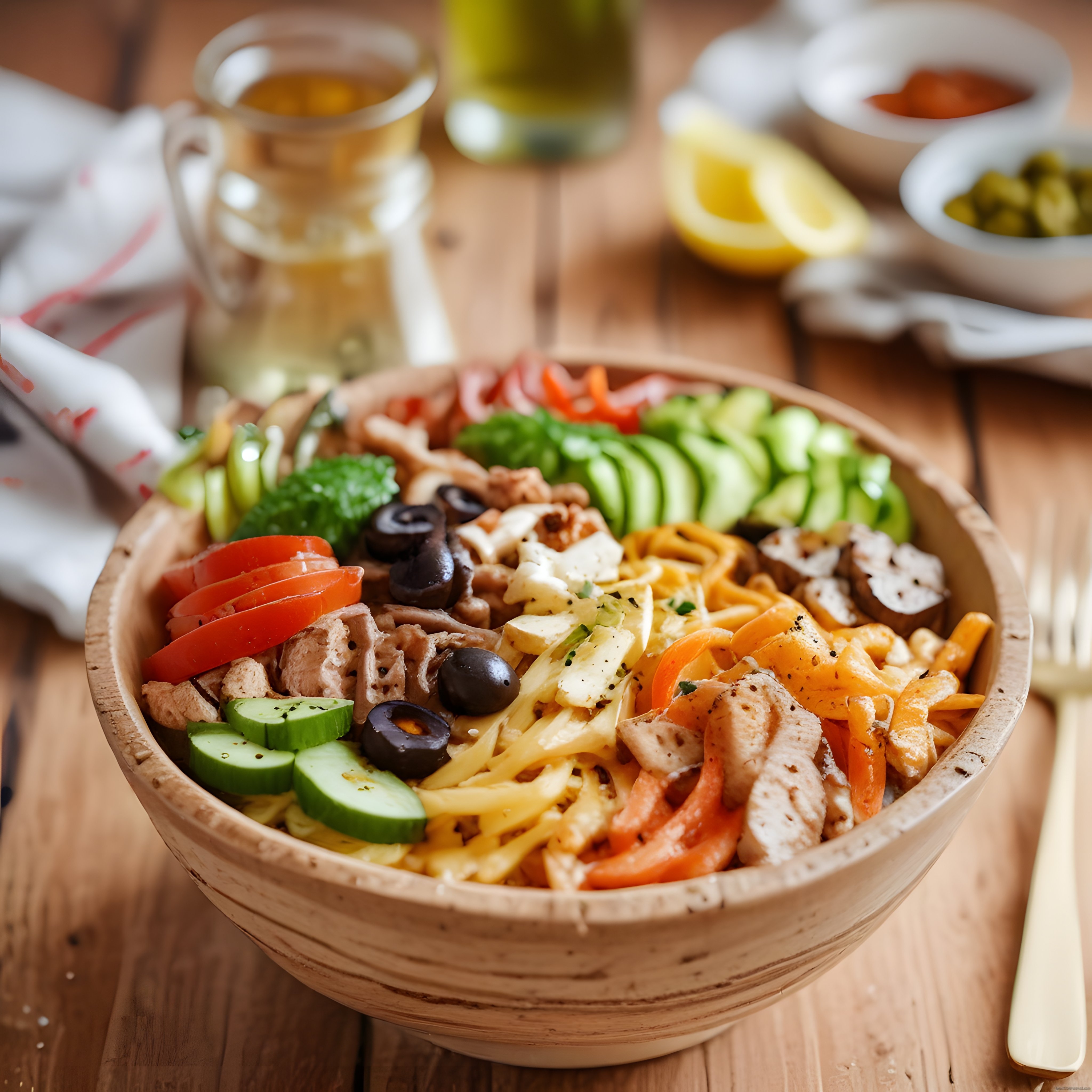 Ahşap Kasede Renkli Sebzeli ve Izgara Tavuklu Pratik Salata Tarifi