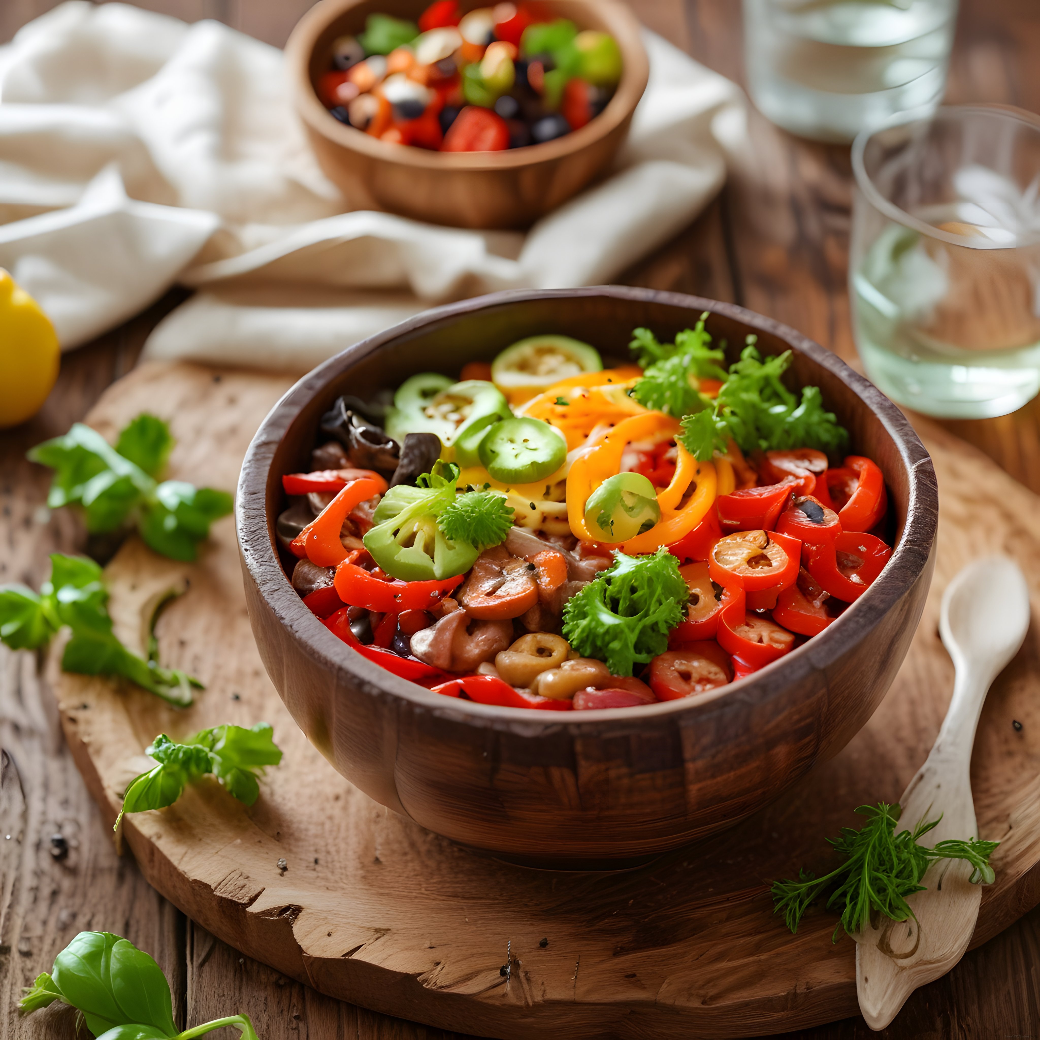 Ahşap Kasede Renkli Sebzeli ve Mantarlı Sağlıklı Vegan Salata Kasesi