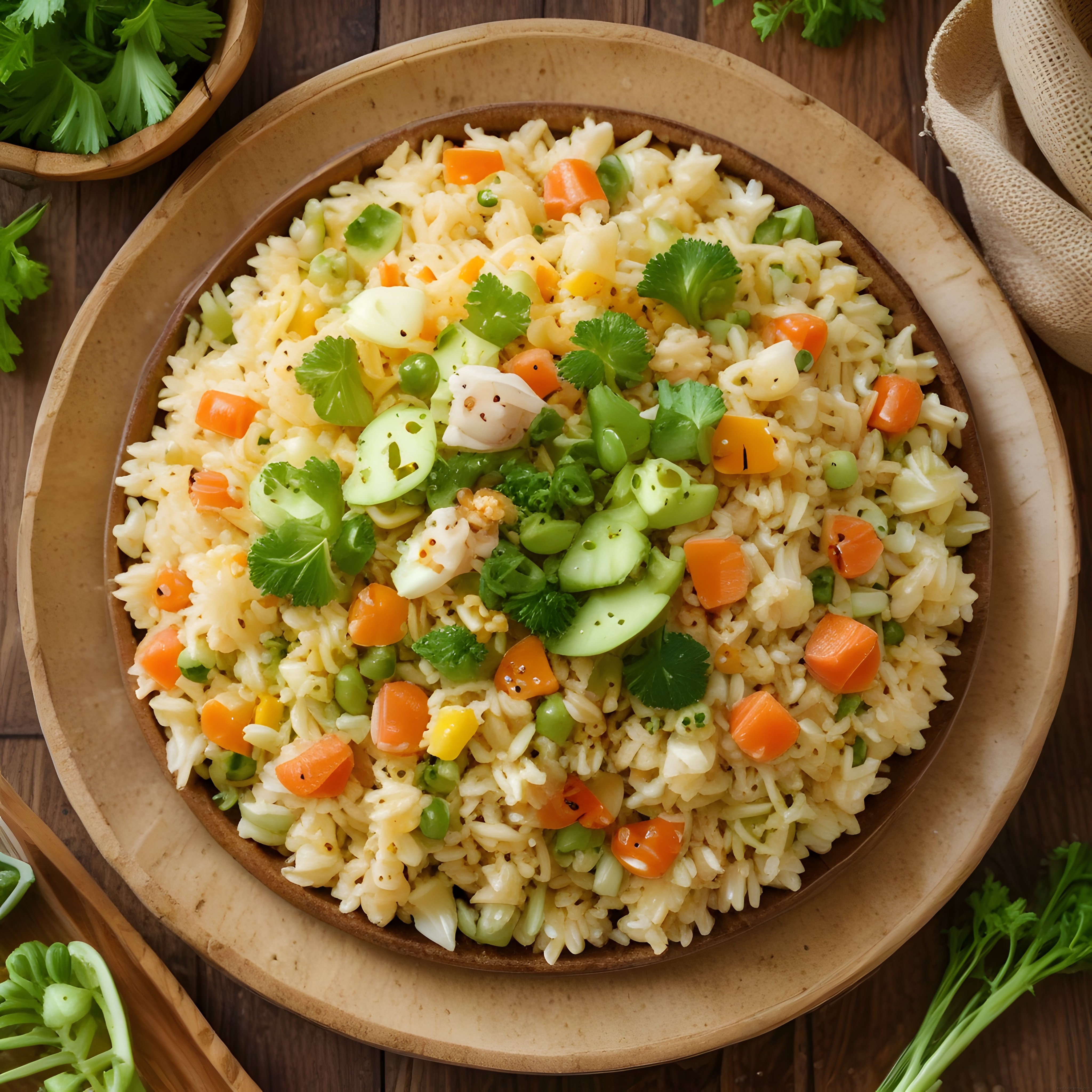ahşap kasede renkli sebzeli yumurtalı pirinç salatası ve taze otlar