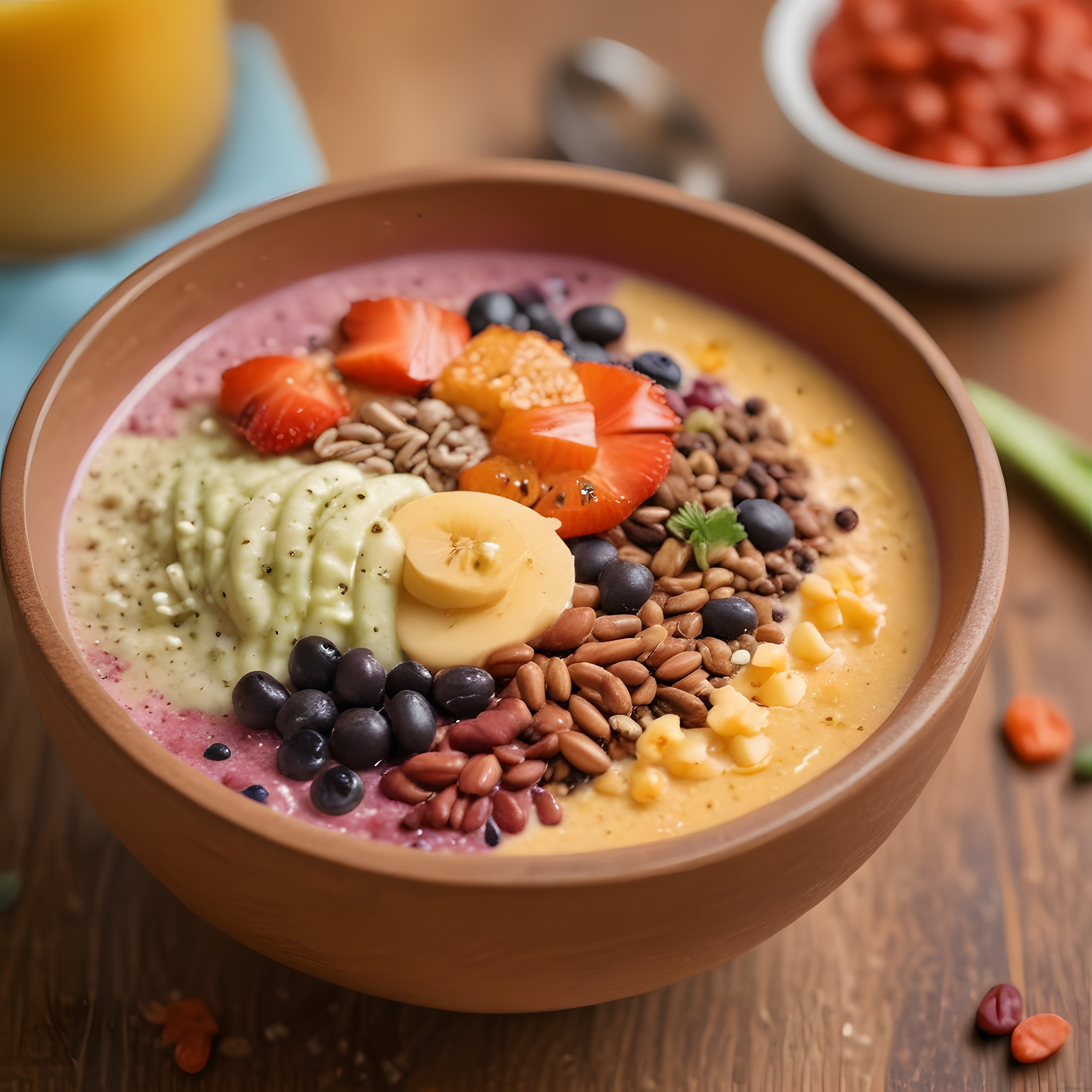 Ahşap Kasede Renkli Smoothie Bowl ile Sağlıklı ve Lezzetli Kahvaltı Keyfi