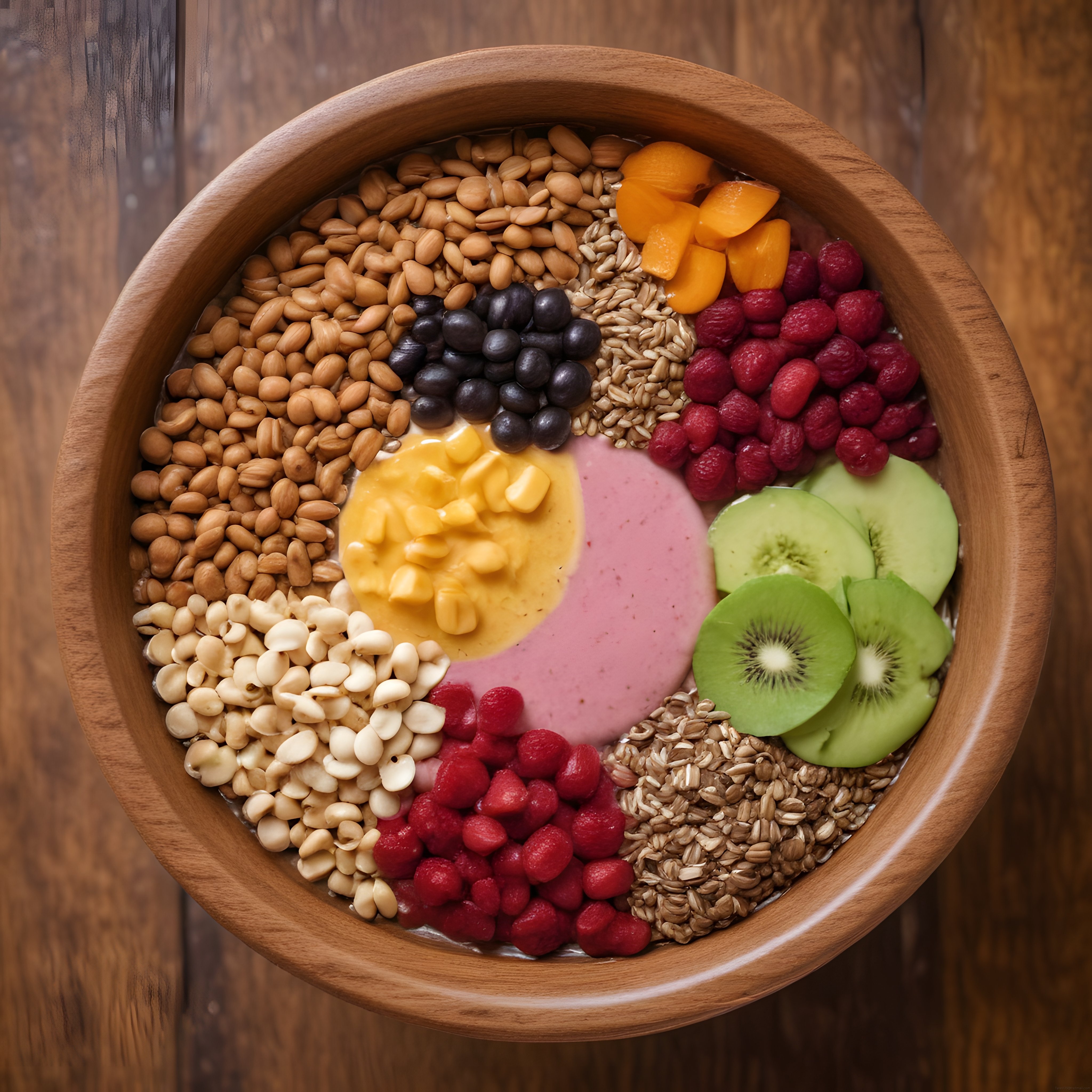 Ahşap kasede renkli smoothie bowl ve taze meyvelerle sağlıklı kahvaltı