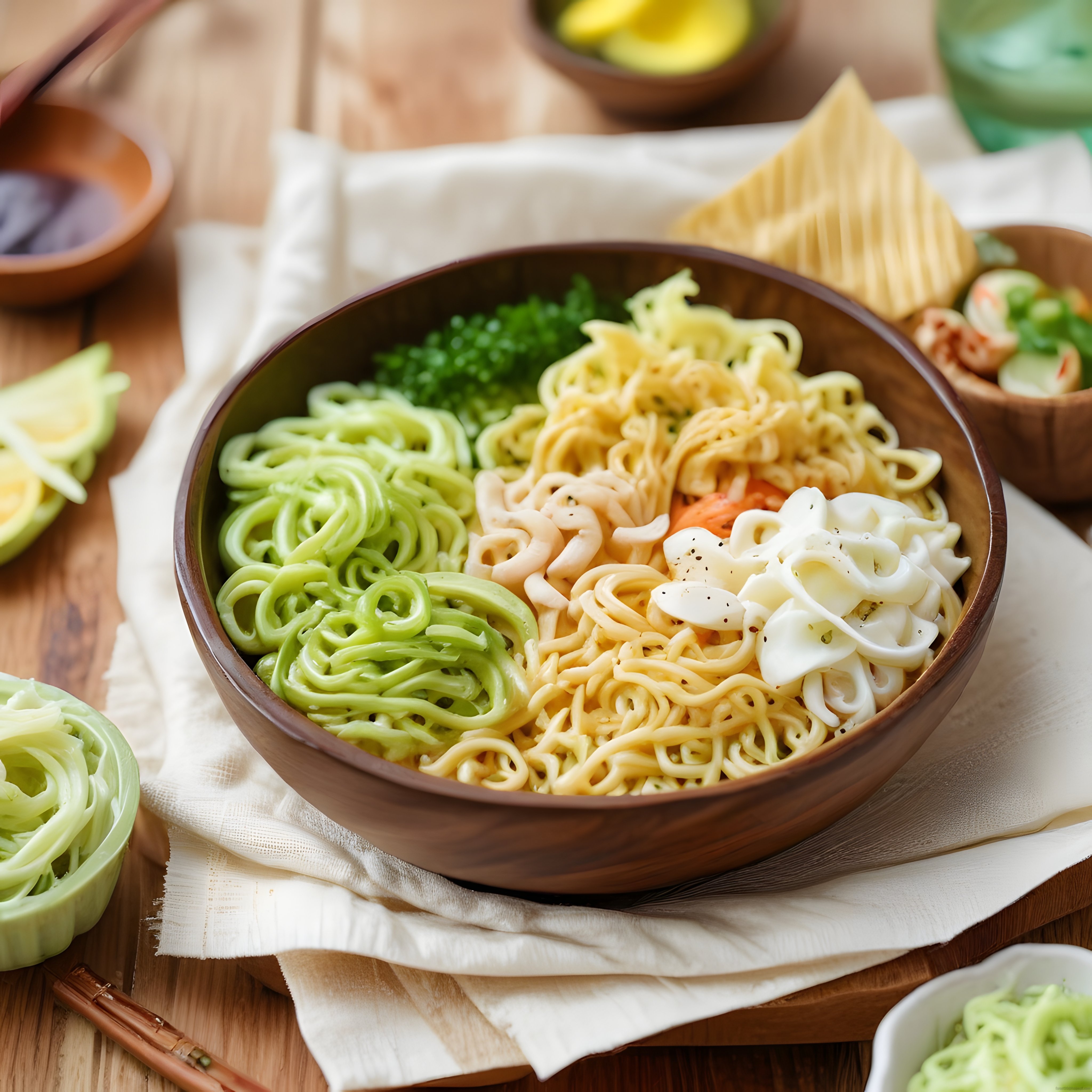 Ahşap kâsede renkli spiralize sebzeler ve avokadolu sağlıklı vegan beslenme kasesi