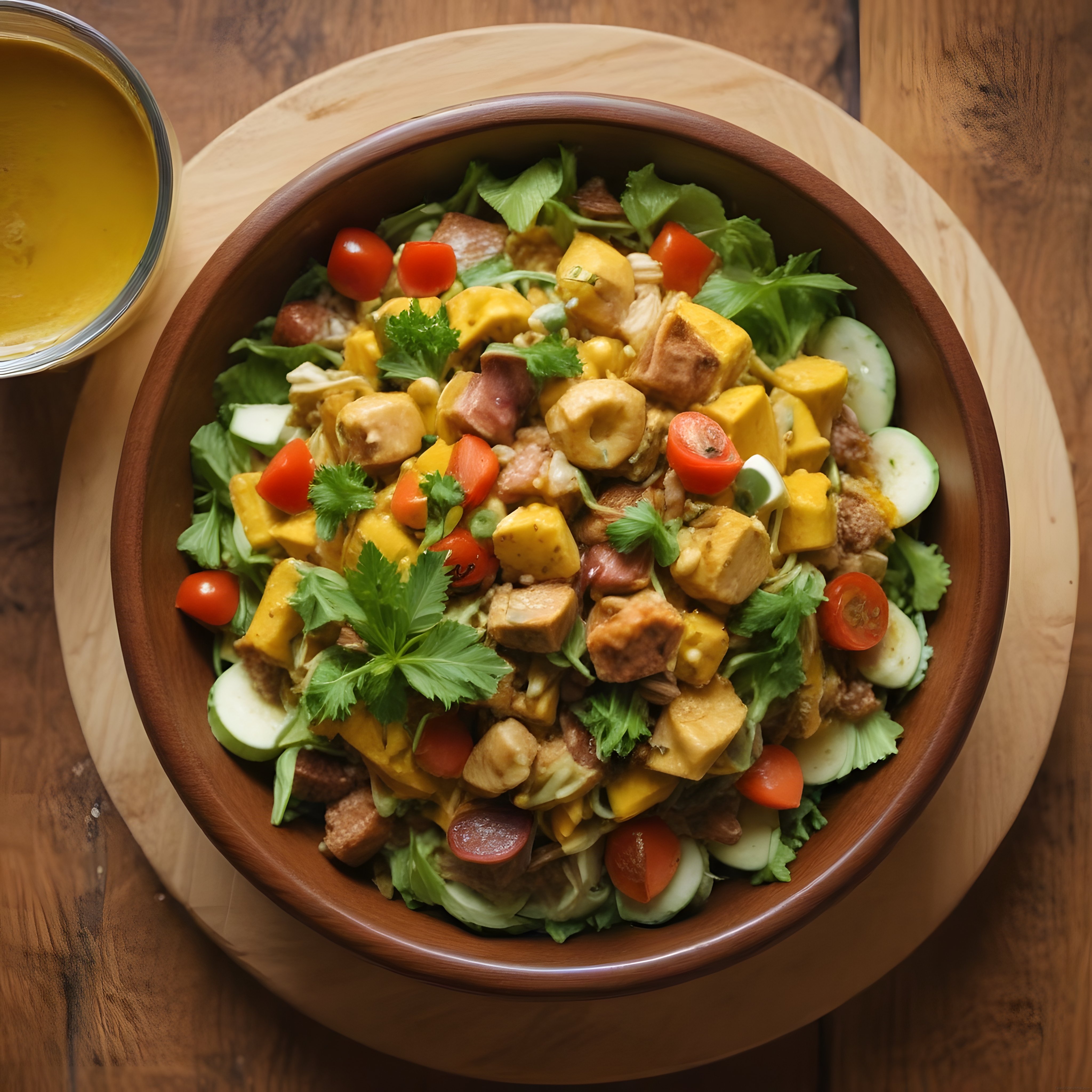 Ahşap Kasede Renkli Tavuklu Mango Salatası ve Sos ile Egzotik Sunum