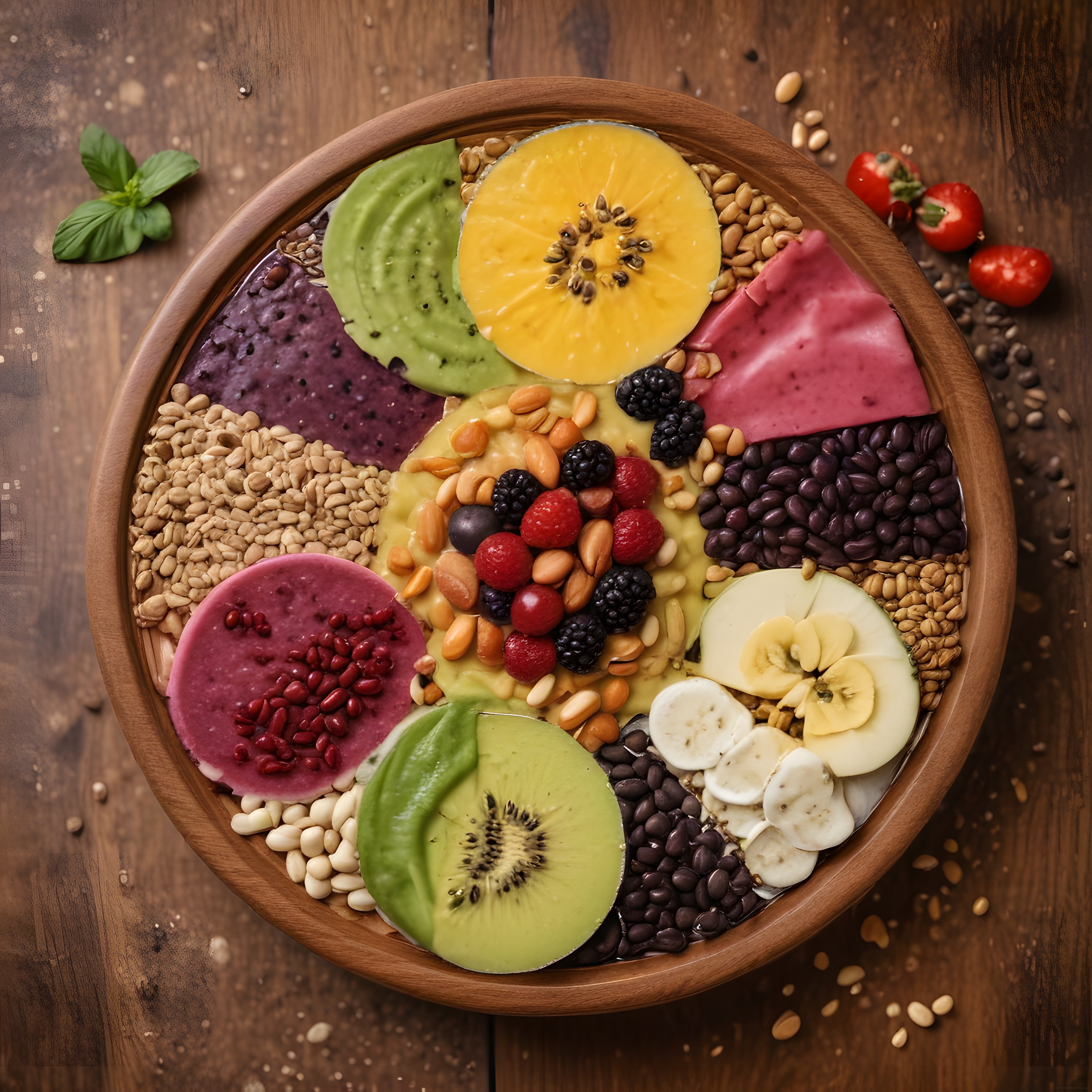 Ahşap Kasede Renkli Tropik Meyveli ve Tohumlu Sağlıklı Smoothie Bowl