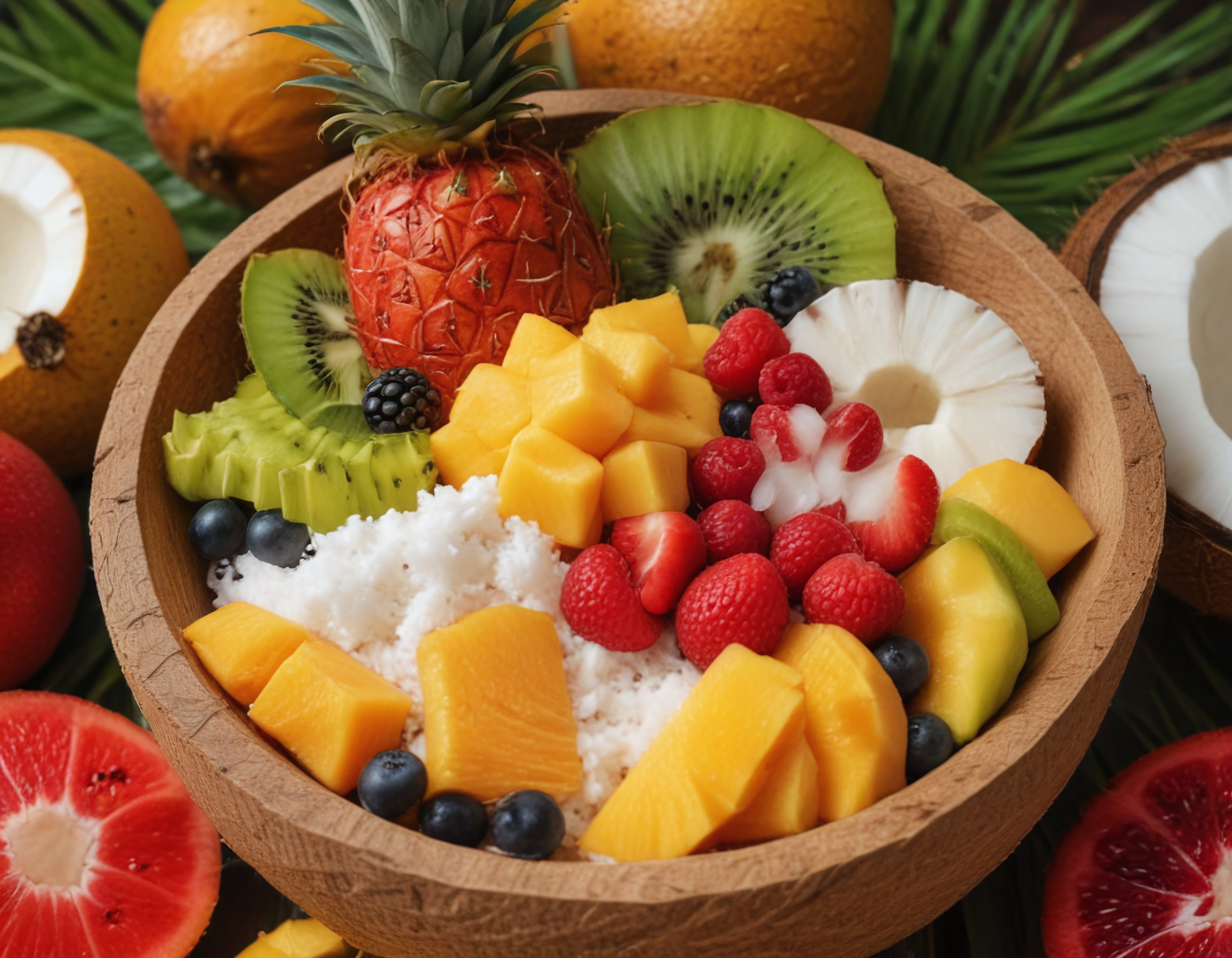 Ahşap Kasede Renkli Tropikal Meyve Smoothie Kasesi ve Sağlıklı Kahvaltı