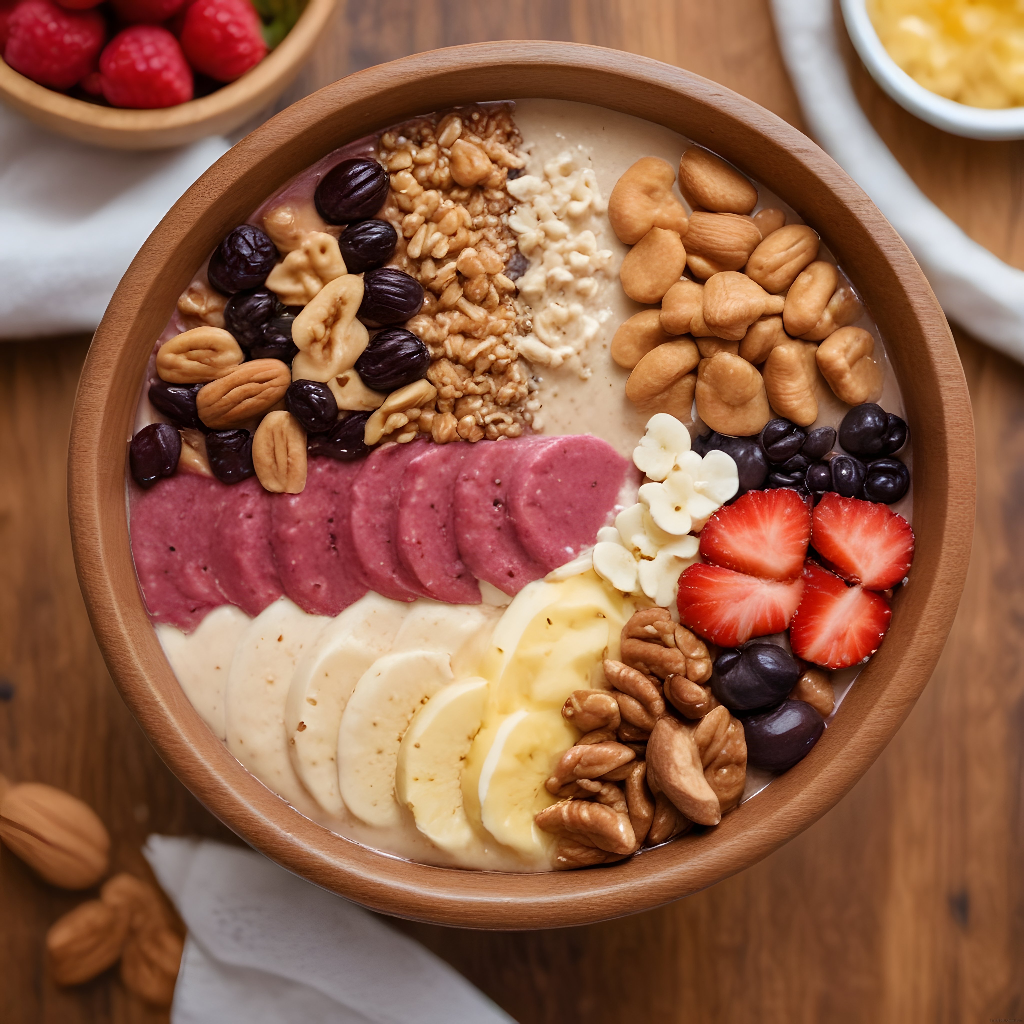 Ahşap Kasede Renkli ve Besleyici Kahvaltı Kasesi: Meyve, Kuruyemiş ve Granola