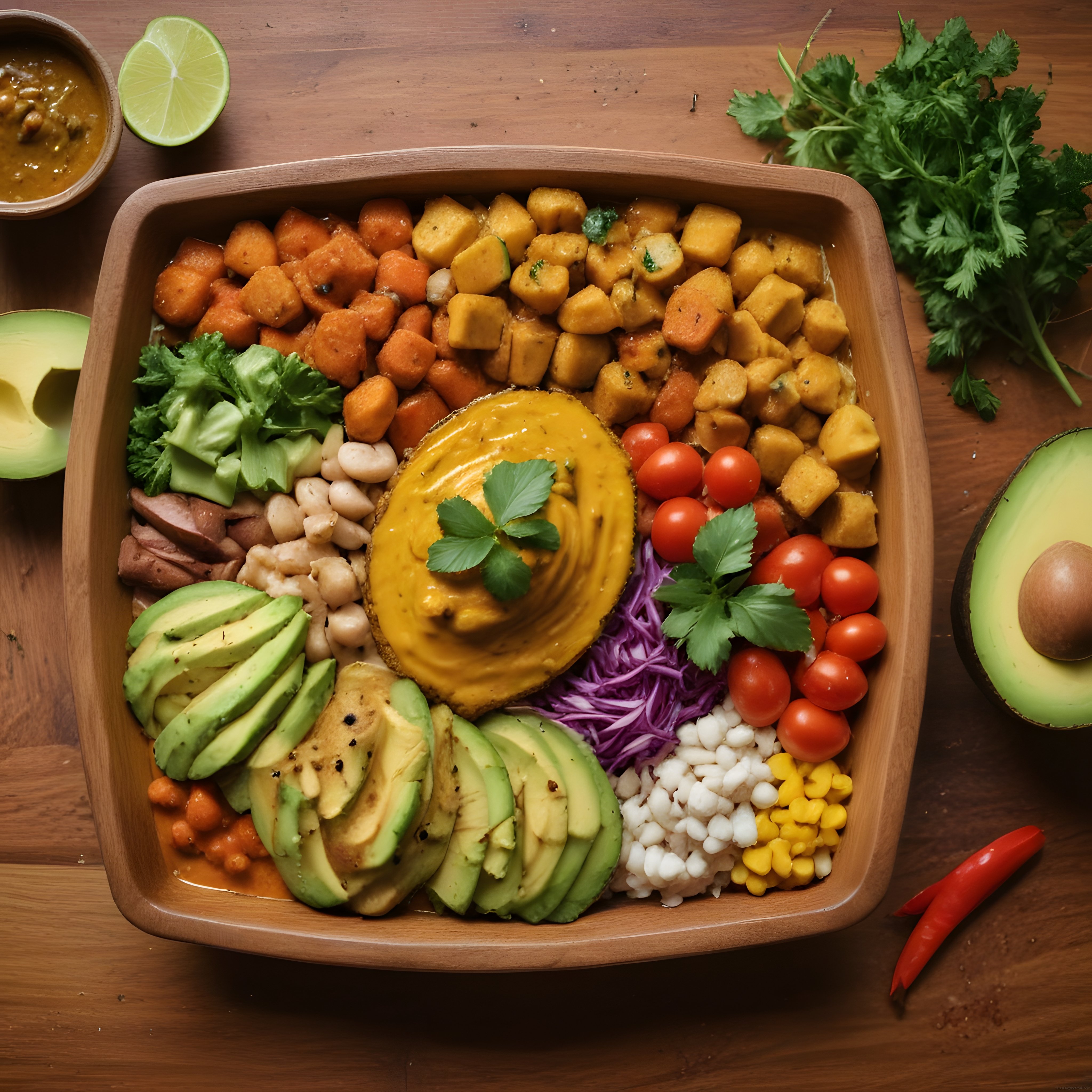 Ahşap Kâsede Renkli Vegan Bowl: Avokado, Nohut ve Krema Sos Eşliğinde