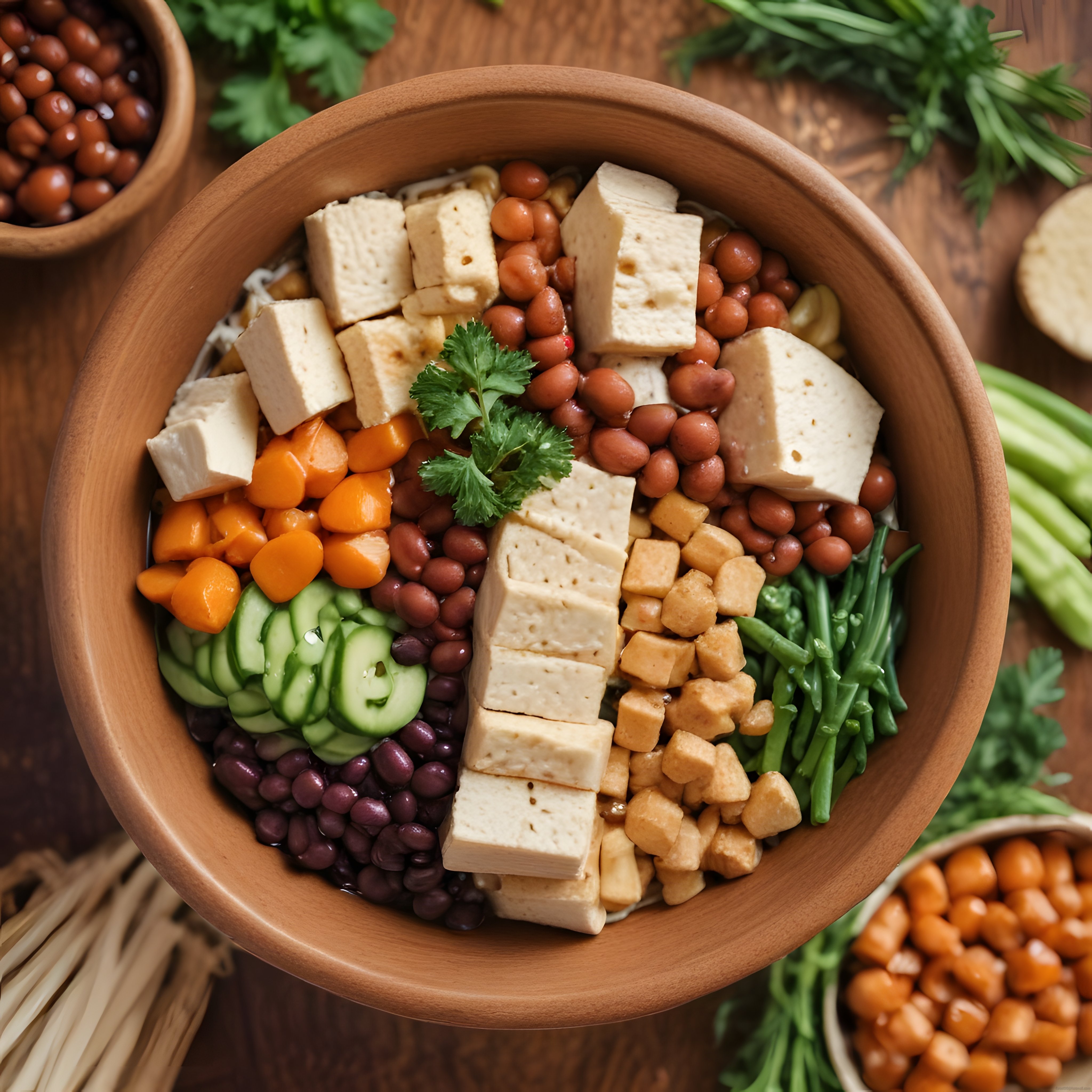 Ahşap Kasede Renkli Vegan Buddha Bowl: Tofu, Baklagiller ve Taze Sebzeler