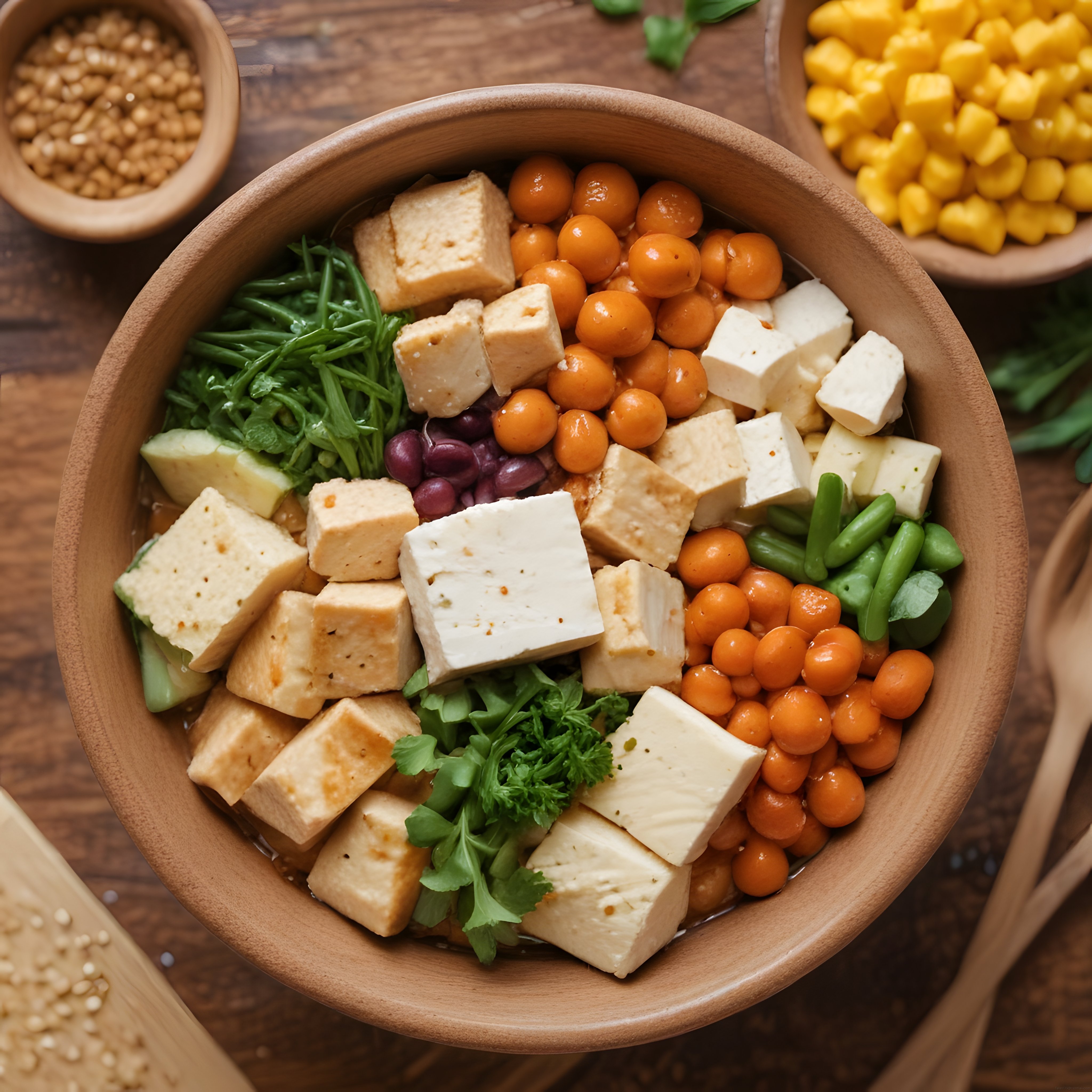 Ahşap Kasede Renkli Vegan Buddha Bowl: Tofu, Nohut ve Taze Sebzeler