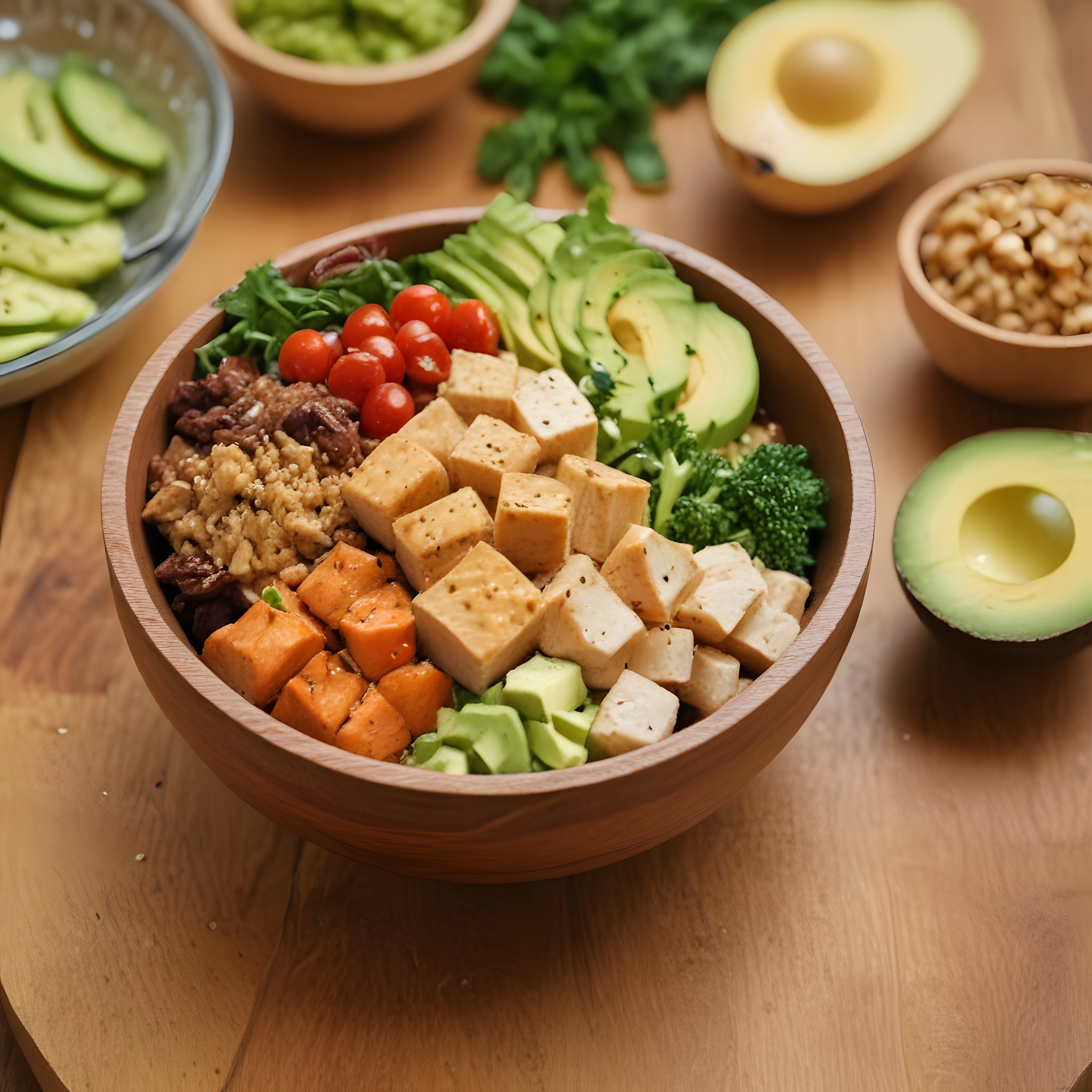 Ahşap Kasede Renkli Vegan Buddha Bowl: Tofu ve Avokadolu Sağlıklı Öğün