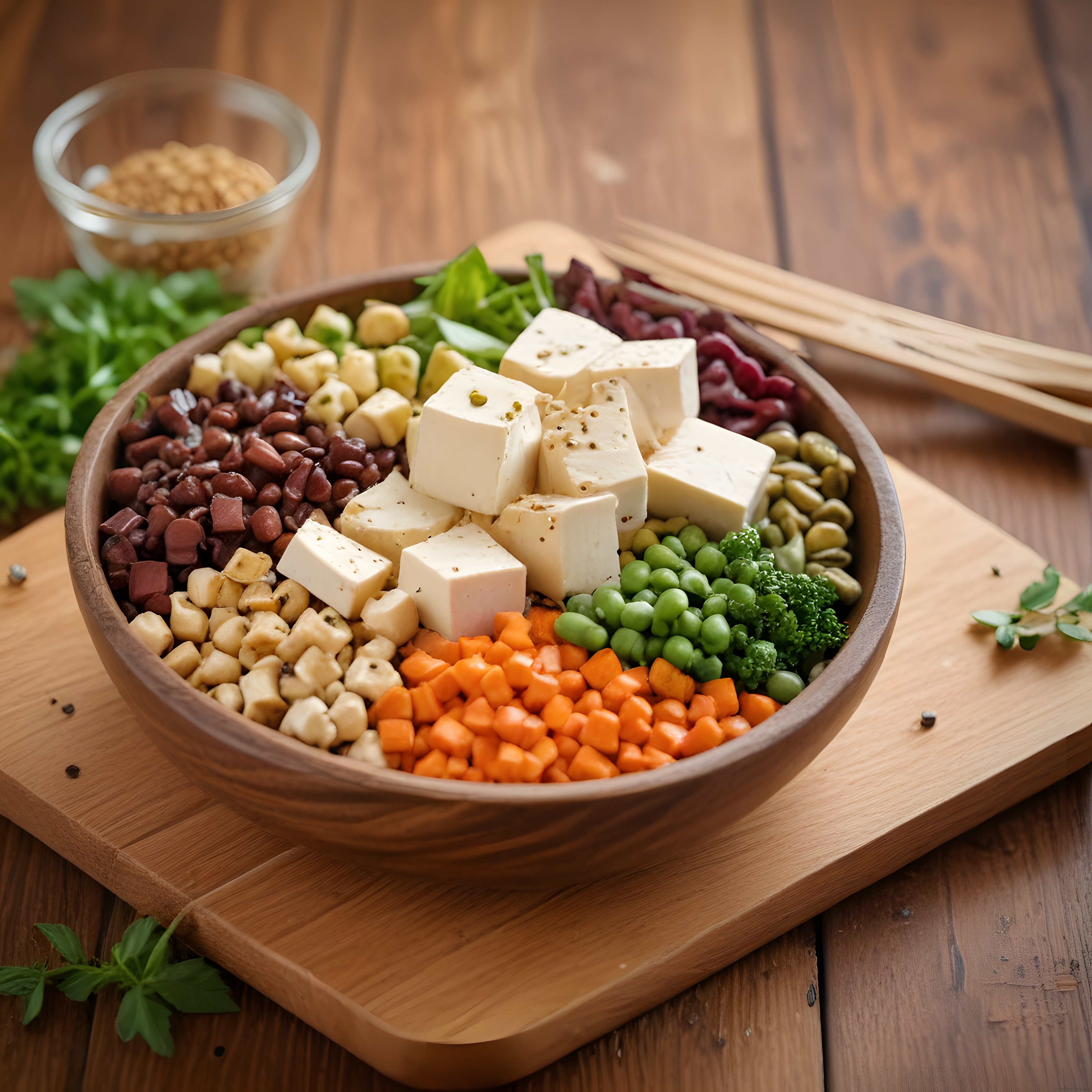Ahşap Kasede Renkli Vegan Protein Kaseleri: Tofu, Baklagiller ve Taze Sebzeler