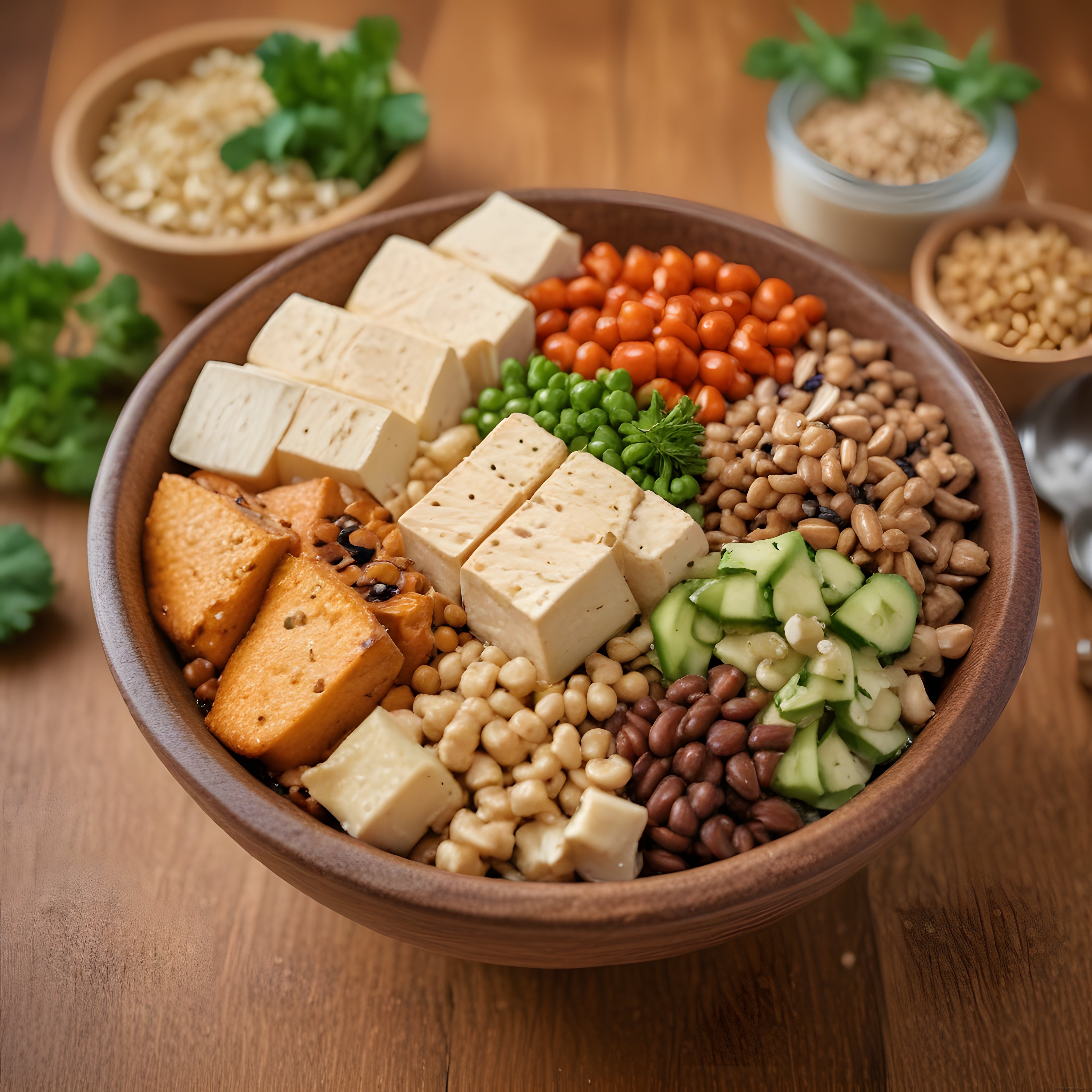 Ahşap Kasede Renkli Vegan Protein Kasesi: Tofu, Baklagil ve Taze Sebzeler