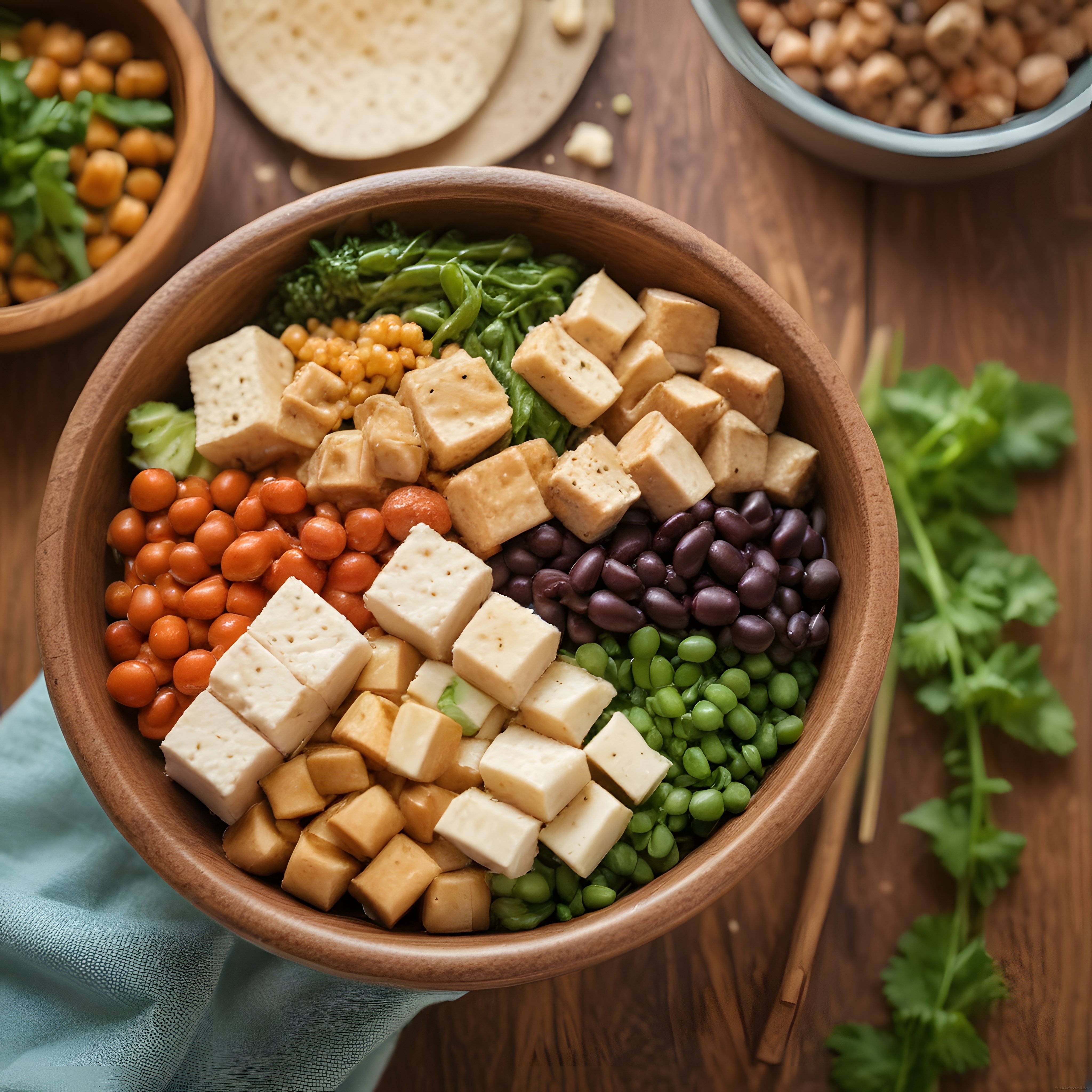 Ahşap Kasede Renkli Vegan Protein Kasesi: Tofu, Baklagiller ve Yeşillikler