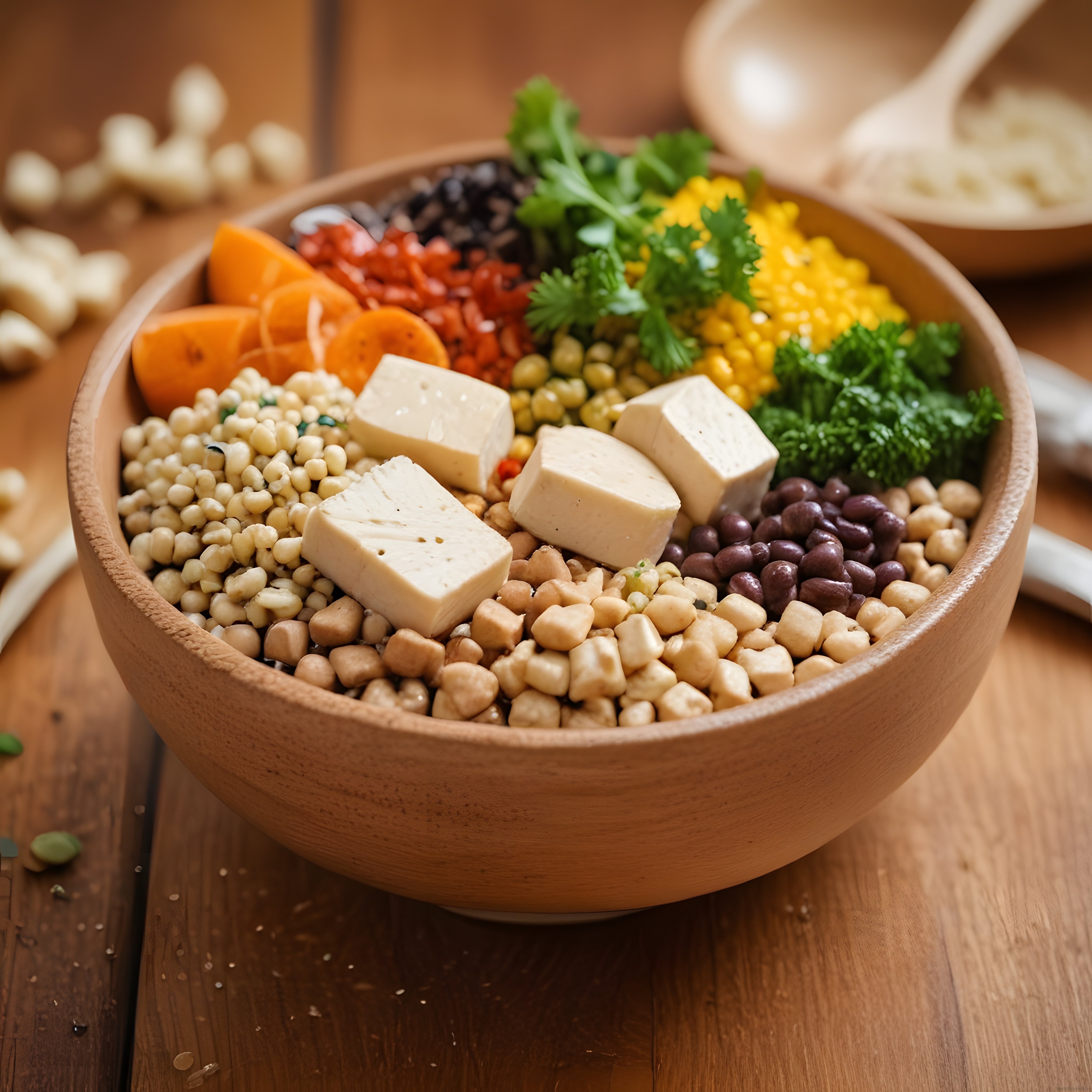 Ahşap Kasede Renkli Vegan Protein Kasesi: Tofu ve Baklagilli Sağlıklı Öğün