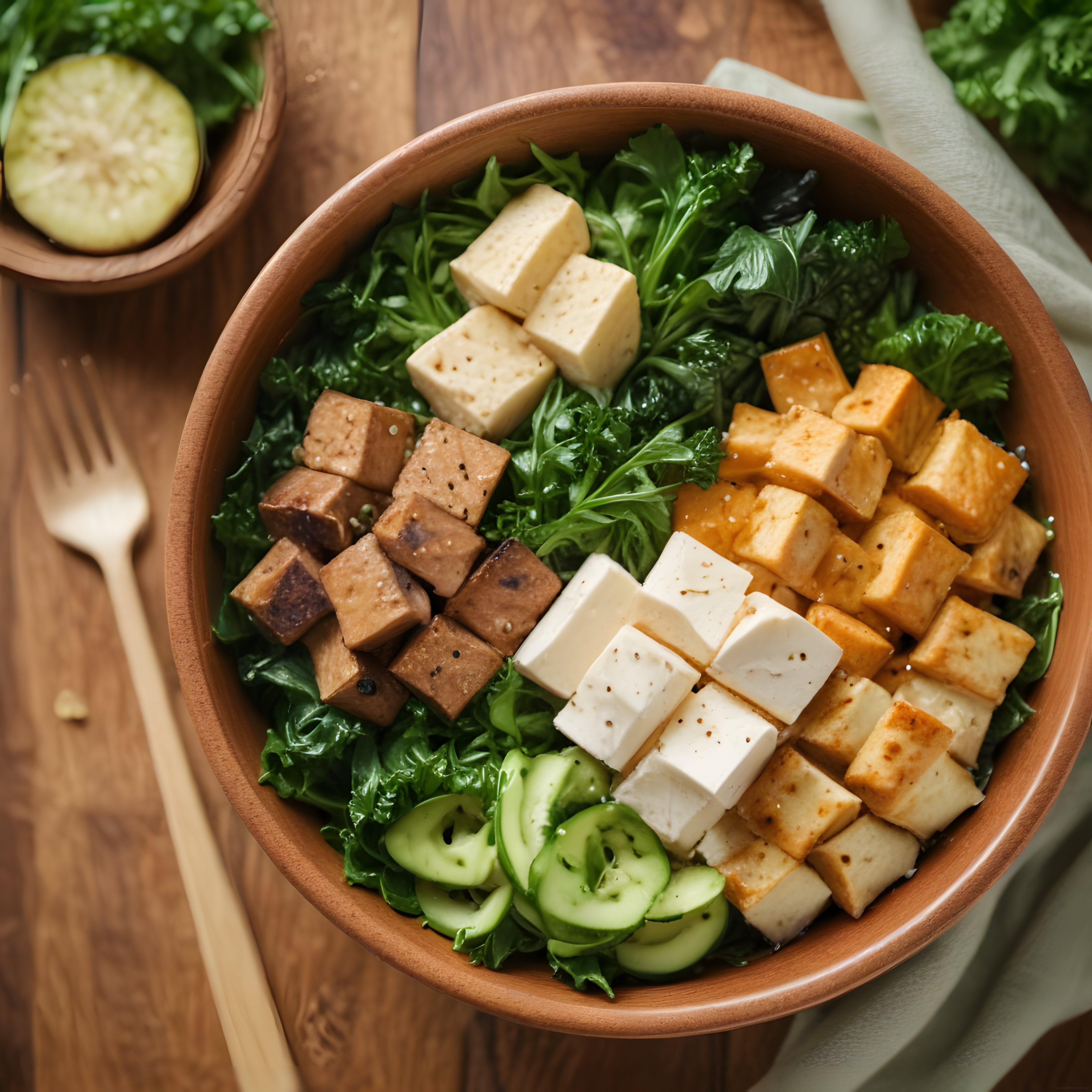 Ahşap Kasede Renkli Vegan Tofu Bowl: Taze Yeşilliklerle Sağlıklı Öğün