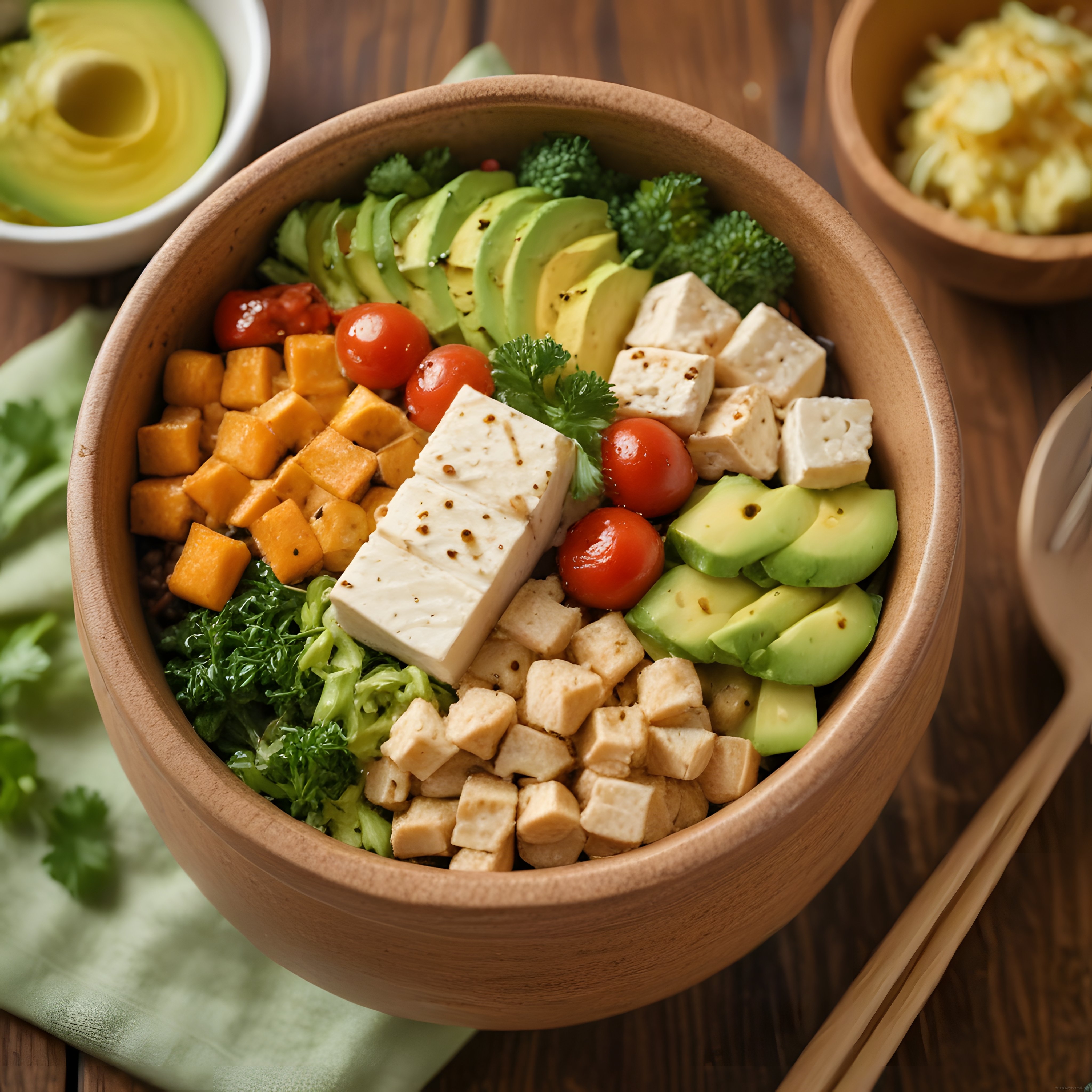 Ahşap kasede sağlıklı vegan güç kasesi: avokado, tofu ve sebzeler