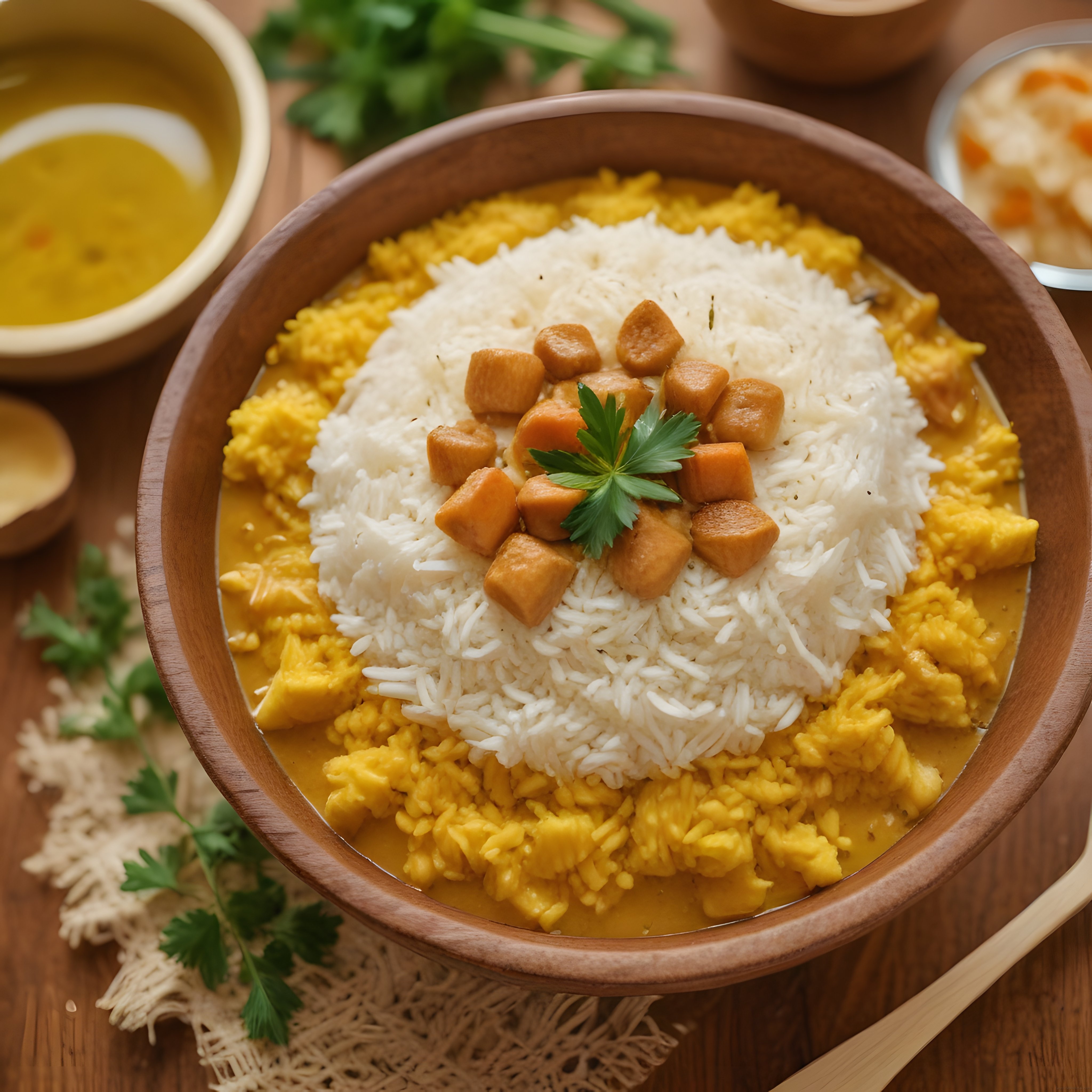 Ahşap Kasede Sarı Köri Soslu Tavuklu Pilav ve Kızarmış Tofu ile Egzotik Sunum