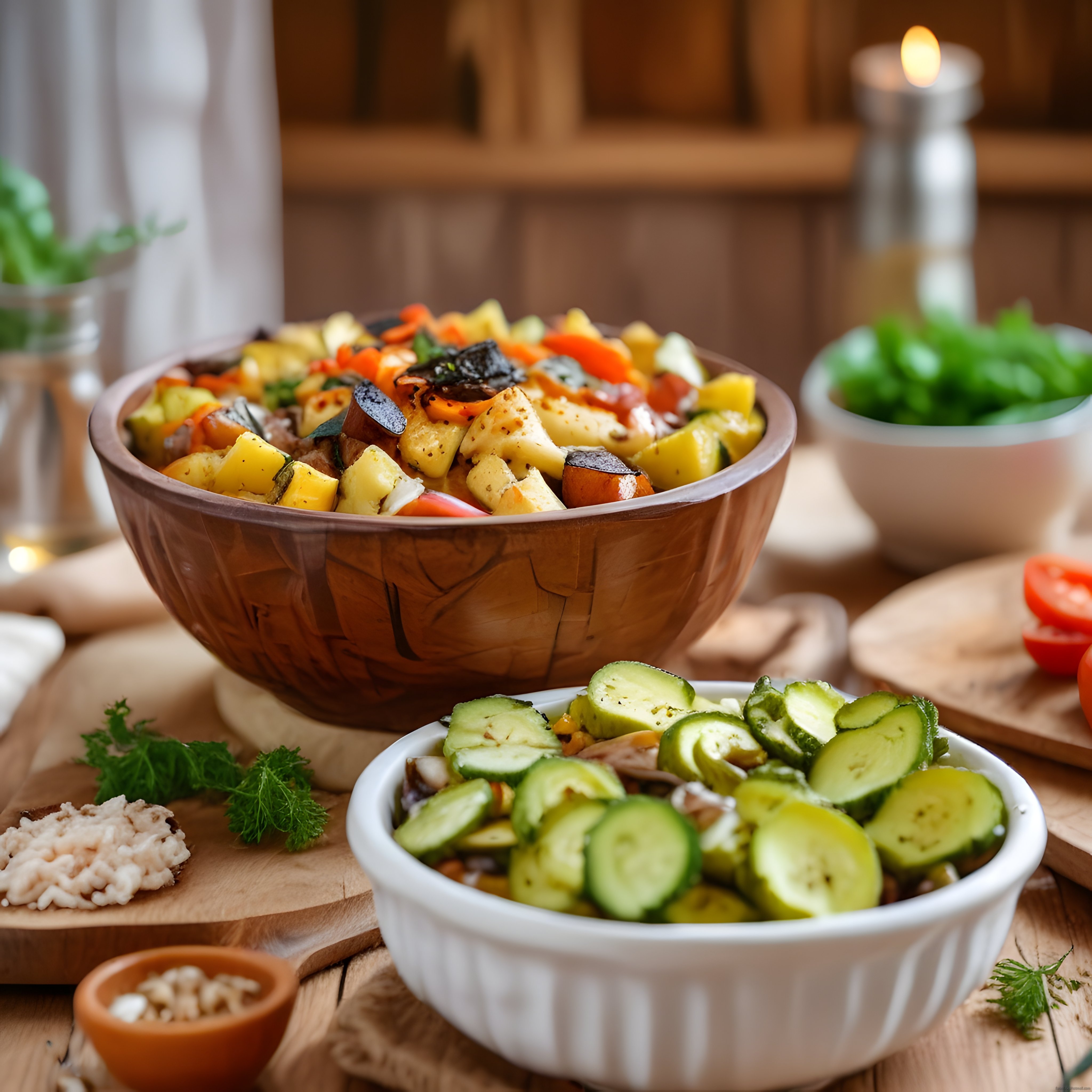 Ahşap Kasede Sebze Salatası ve Salatalık Dilimleri ile Rustik Mutfak Sunumu