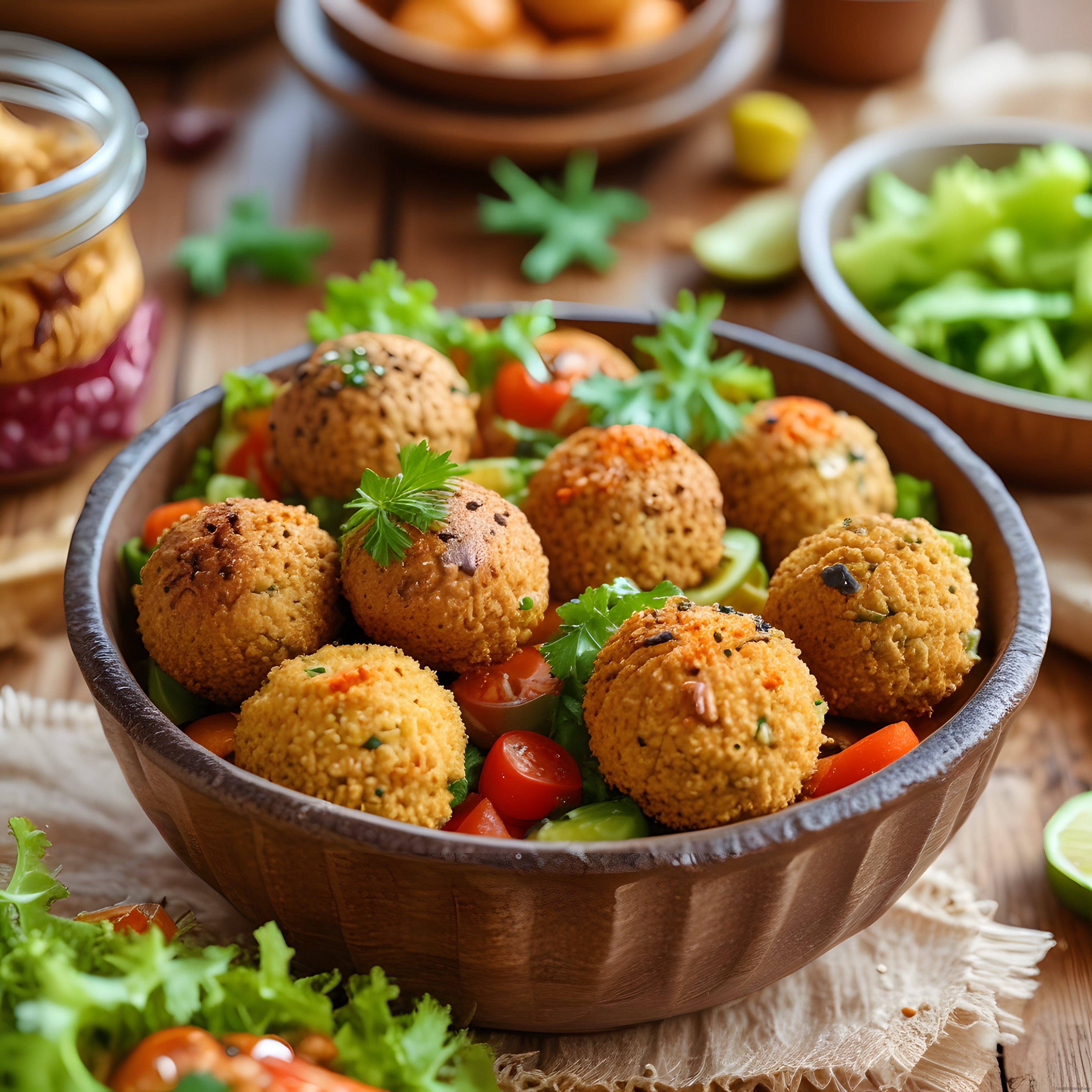Ahşap Kasede Sebze Yatağı Üzerinde Sunulan Baharatlı Kızarmış Falafel Köfteleri