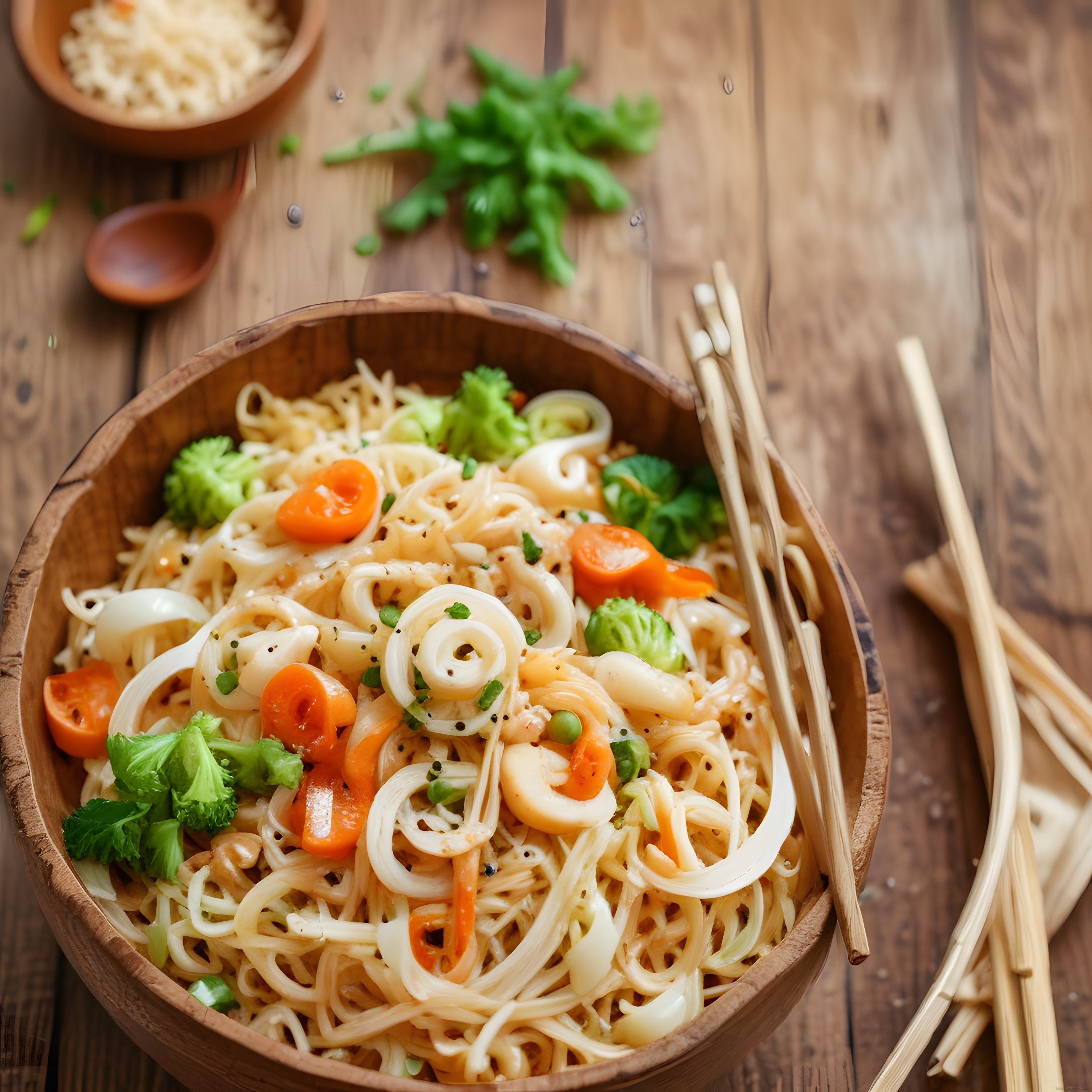 Ahşap Kasede Sebzeli Asya Noodle Makarna Sunumu ve Tarif Fikri