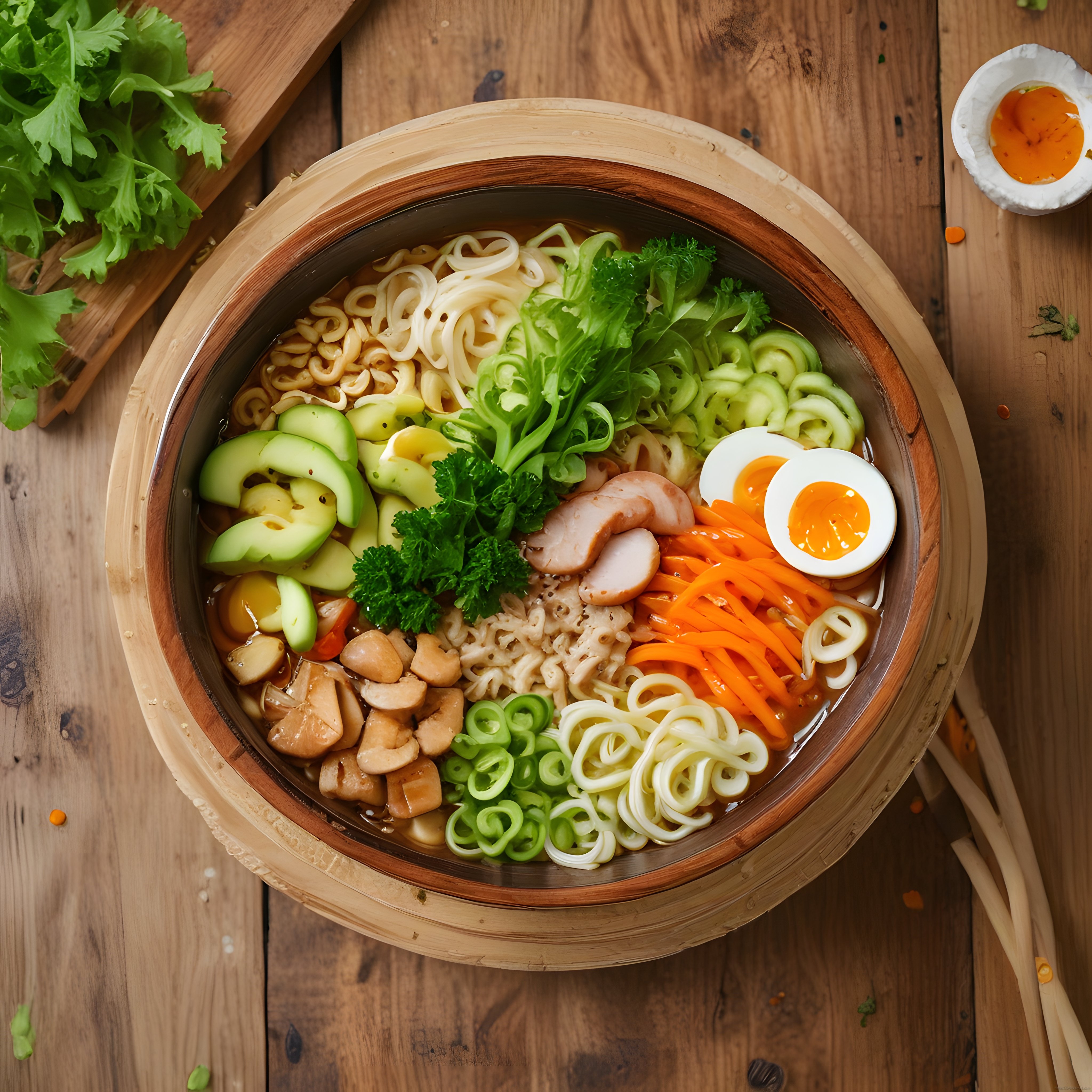 Ahşap Kasede Sebzeli, Etli ve Yumurtalı Noodle Çorba Tarzı Görsel Sunum