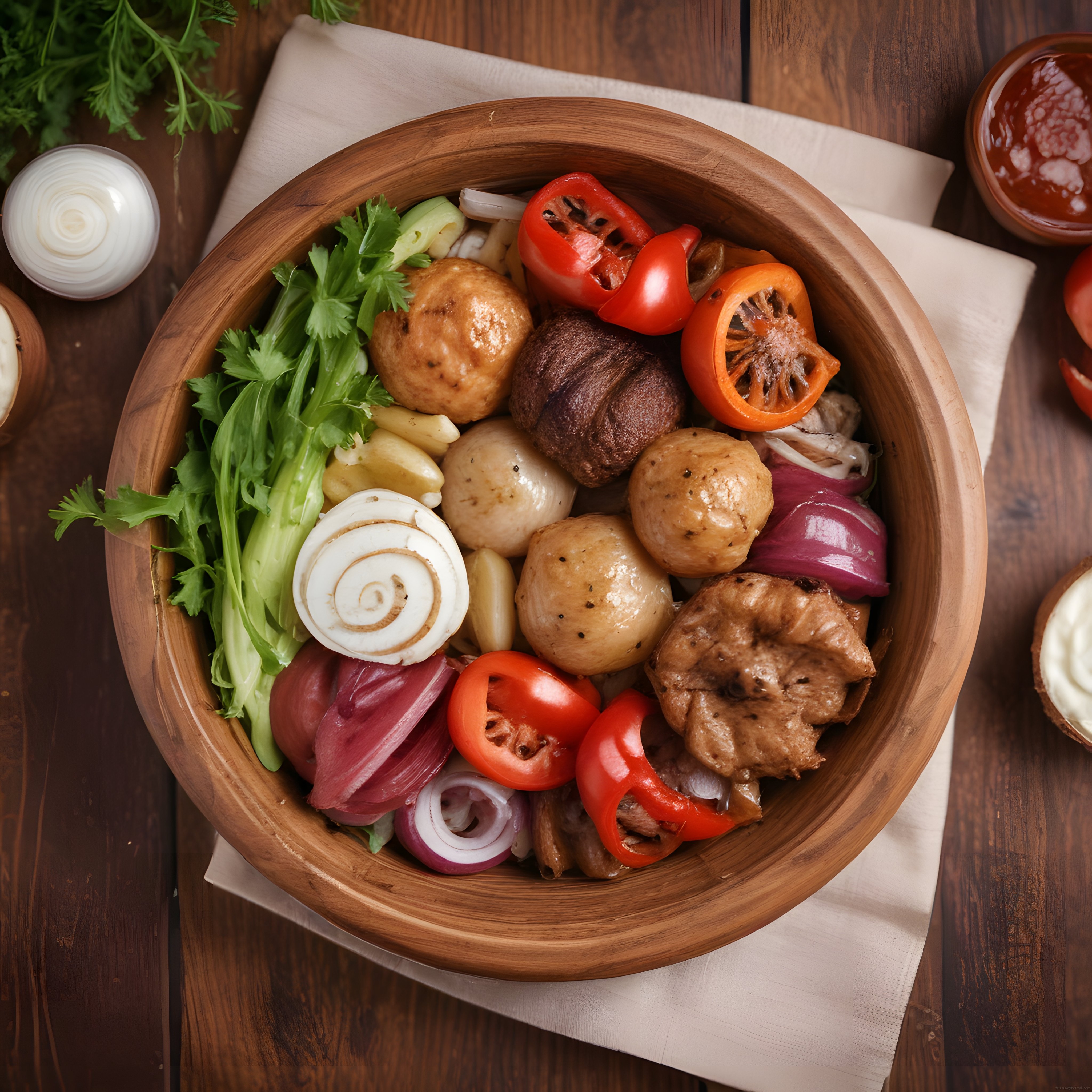 Ahşap Kasede Sebzeli Köfteli Rustik Akşam Yemeği Sunumu ve Menü Fotoğrafı