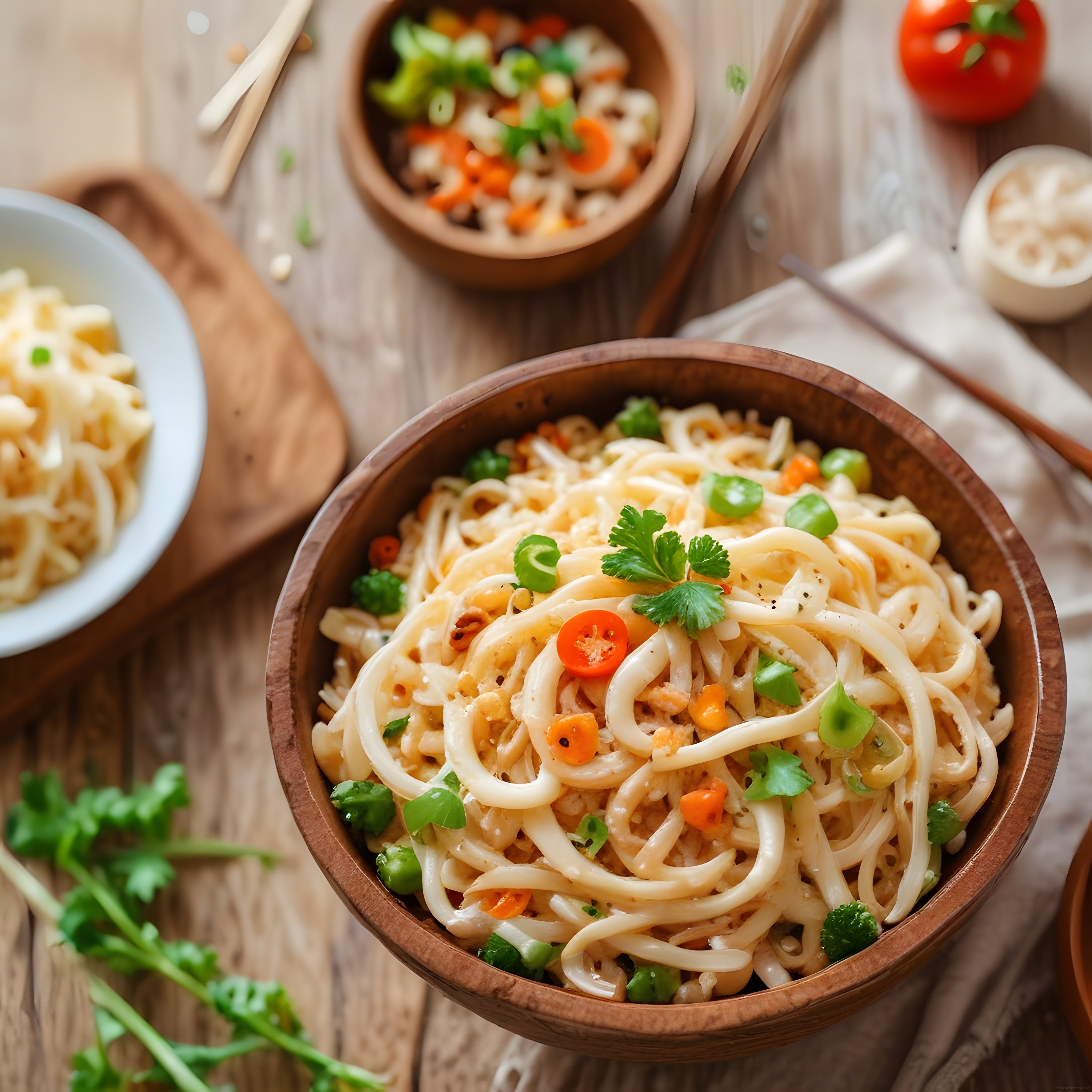Ahşap Kasede Sebzeli Noodle: Renkli Sebzeler ve Taze Otla Süslenmiş Asya Lezzeti
