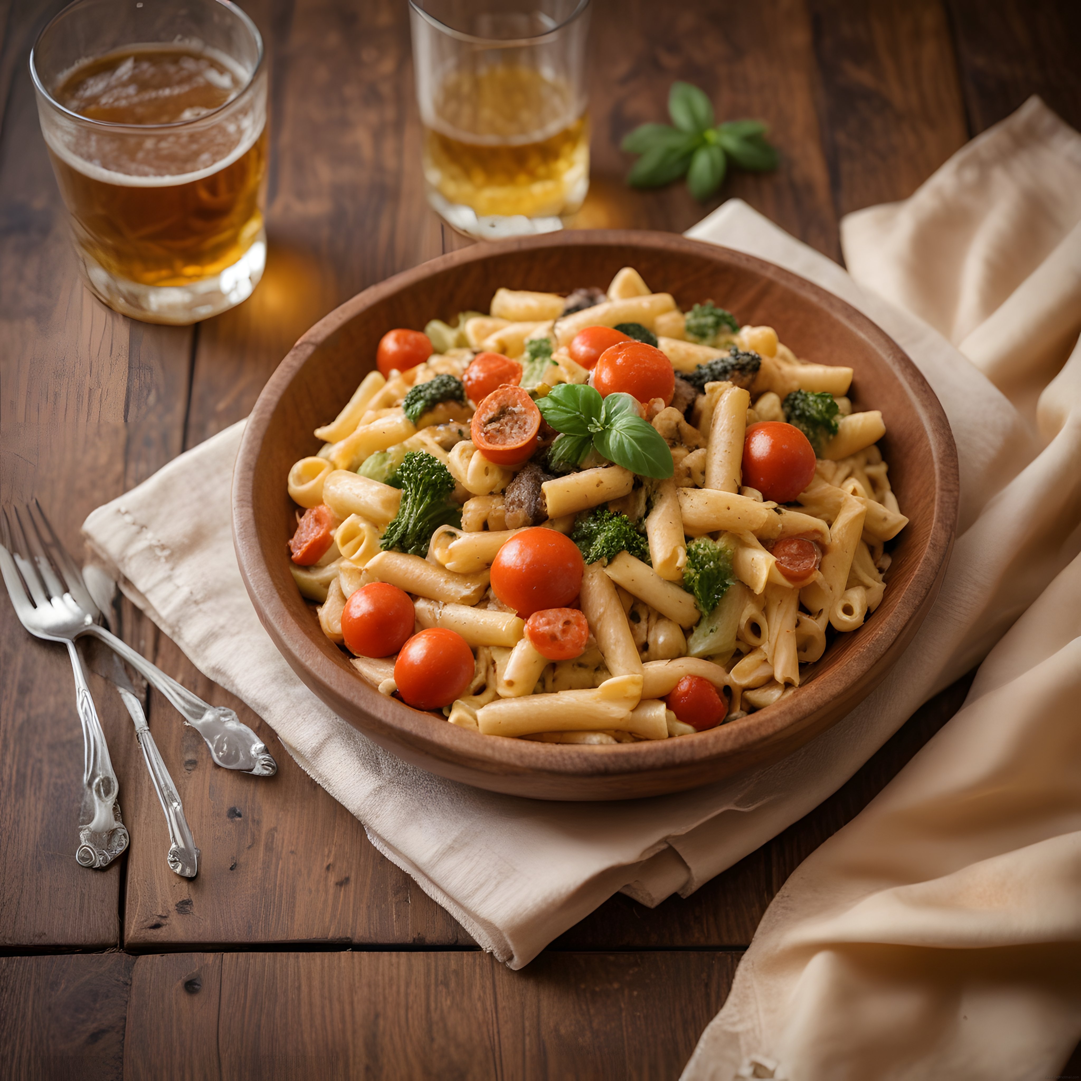 Ahşap Kasede Sebzeli Penne Makarna ve Soğuk Bira Eşliğinde Rustik Sunum