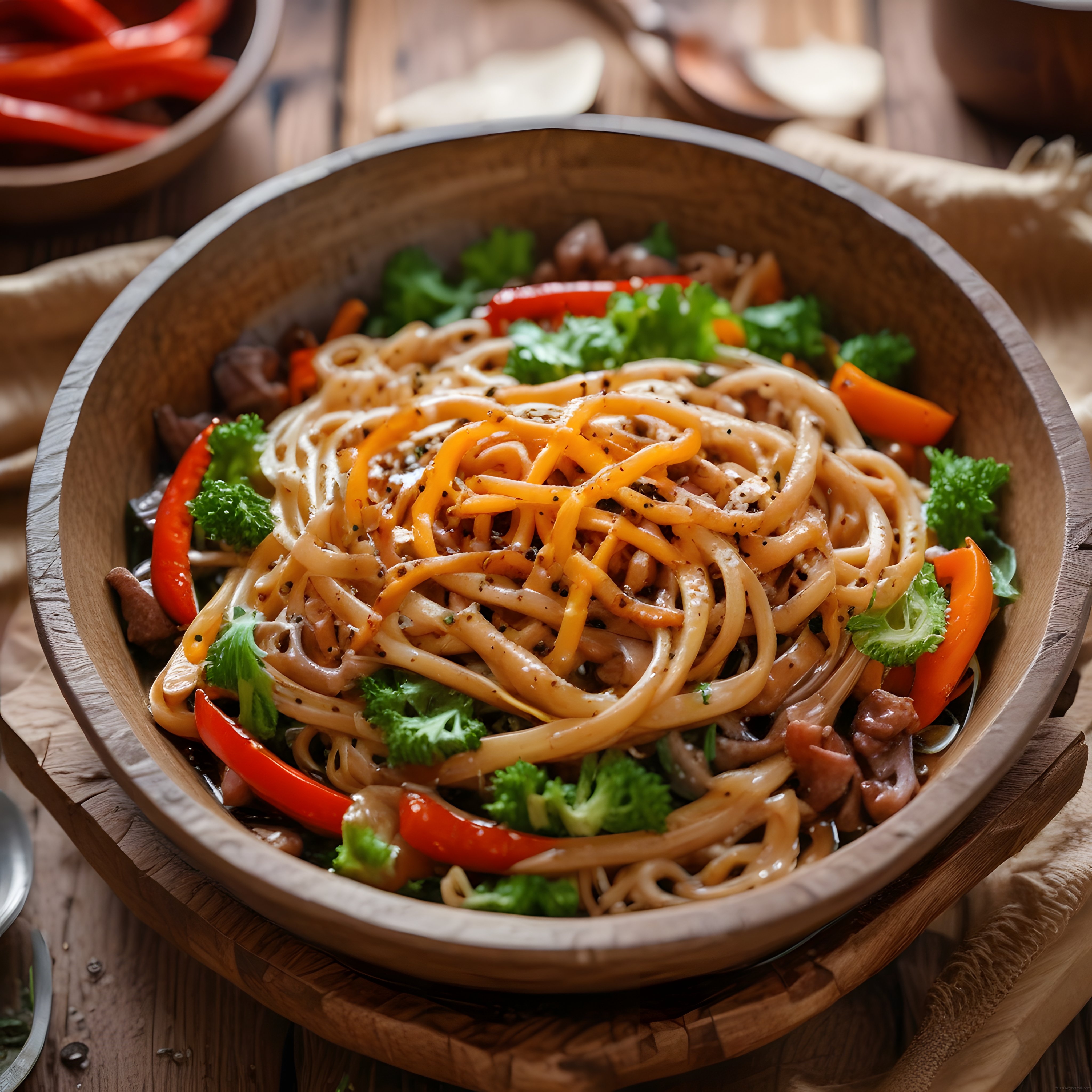 Ahşap Kasede Sebzeli ve Etli Noodle Sunumu ile Doğal Mutfak Şıklığı