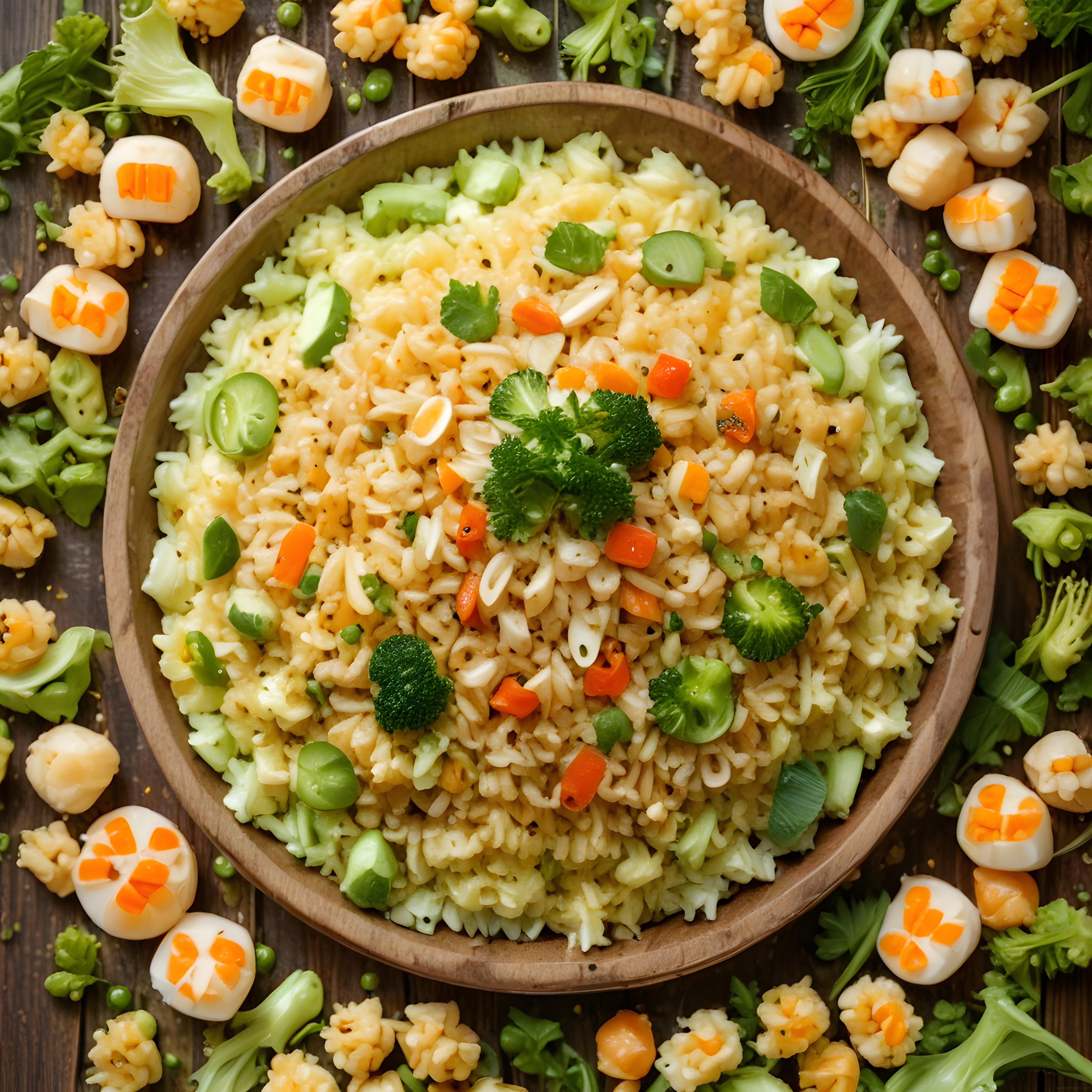 Ahşap kasede sebzeli yumurtalı pilav salatası tarifi ve dekorasyonu