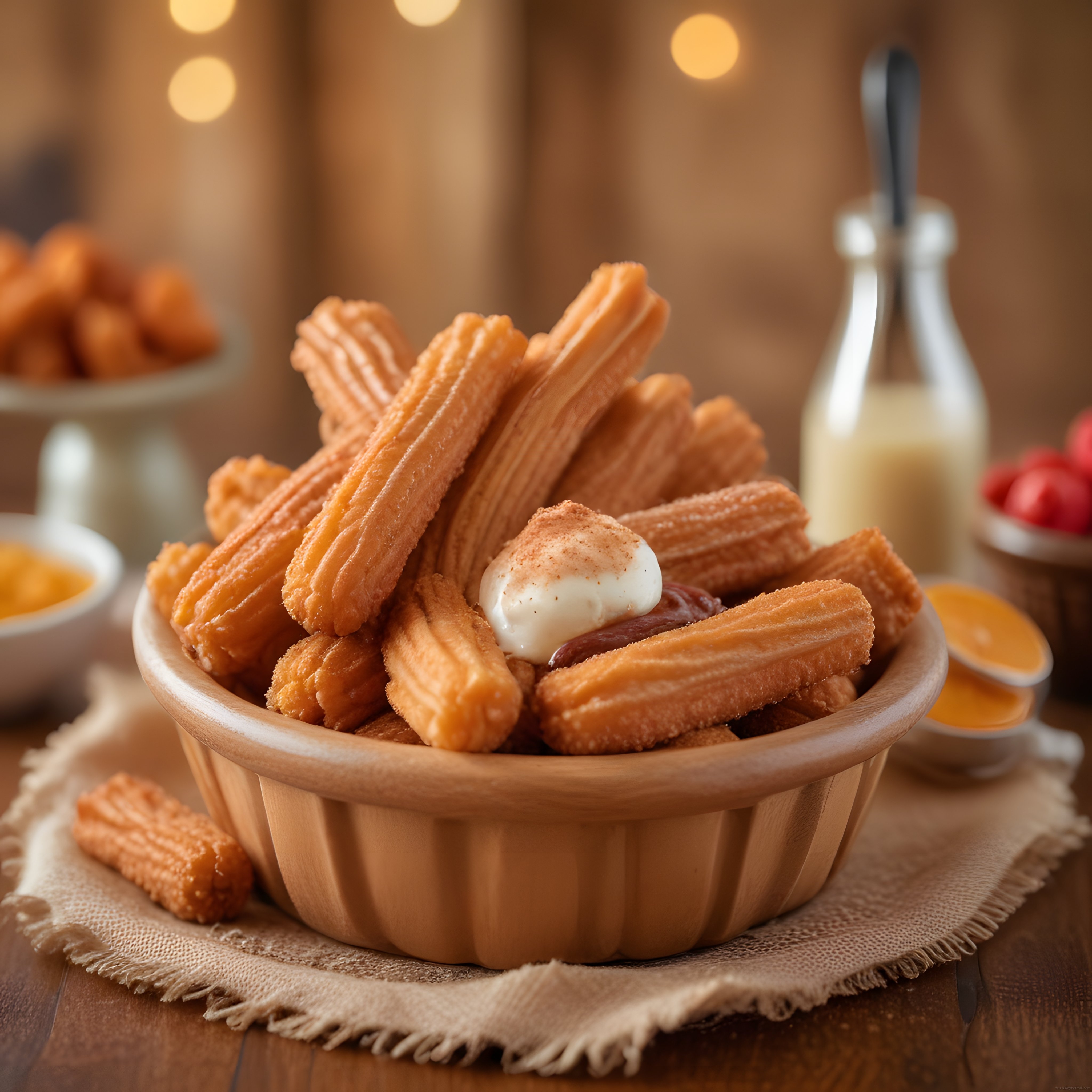 Ahşap Kasede Sıcak Çikolata ve Krema Soslu Çıtır Churros Tatlısı