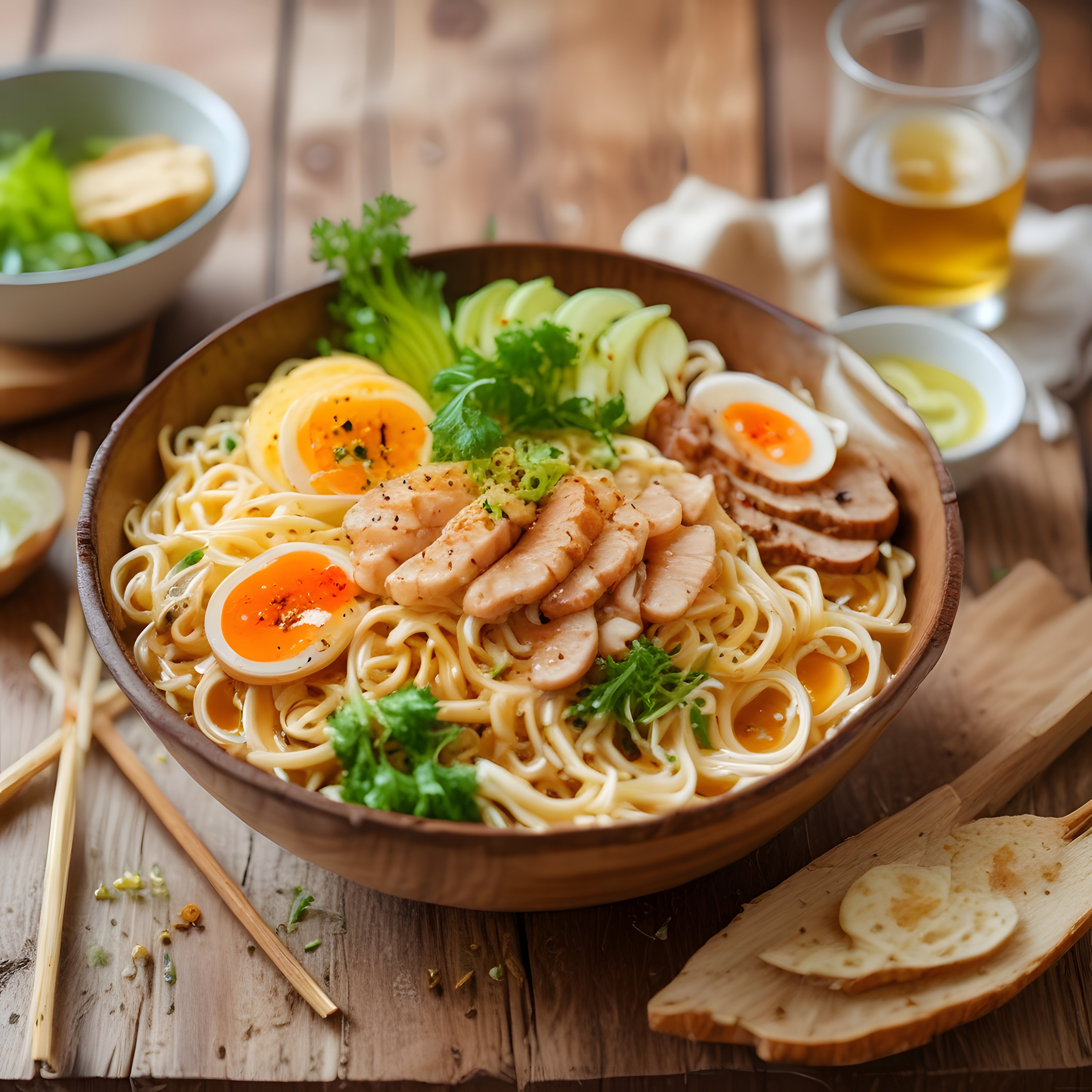 Ahşap Kasede Sıcak Ramen: Yumurta, Tavuk ve Taze Sebzelerle Uzak Doğu Lezzeti