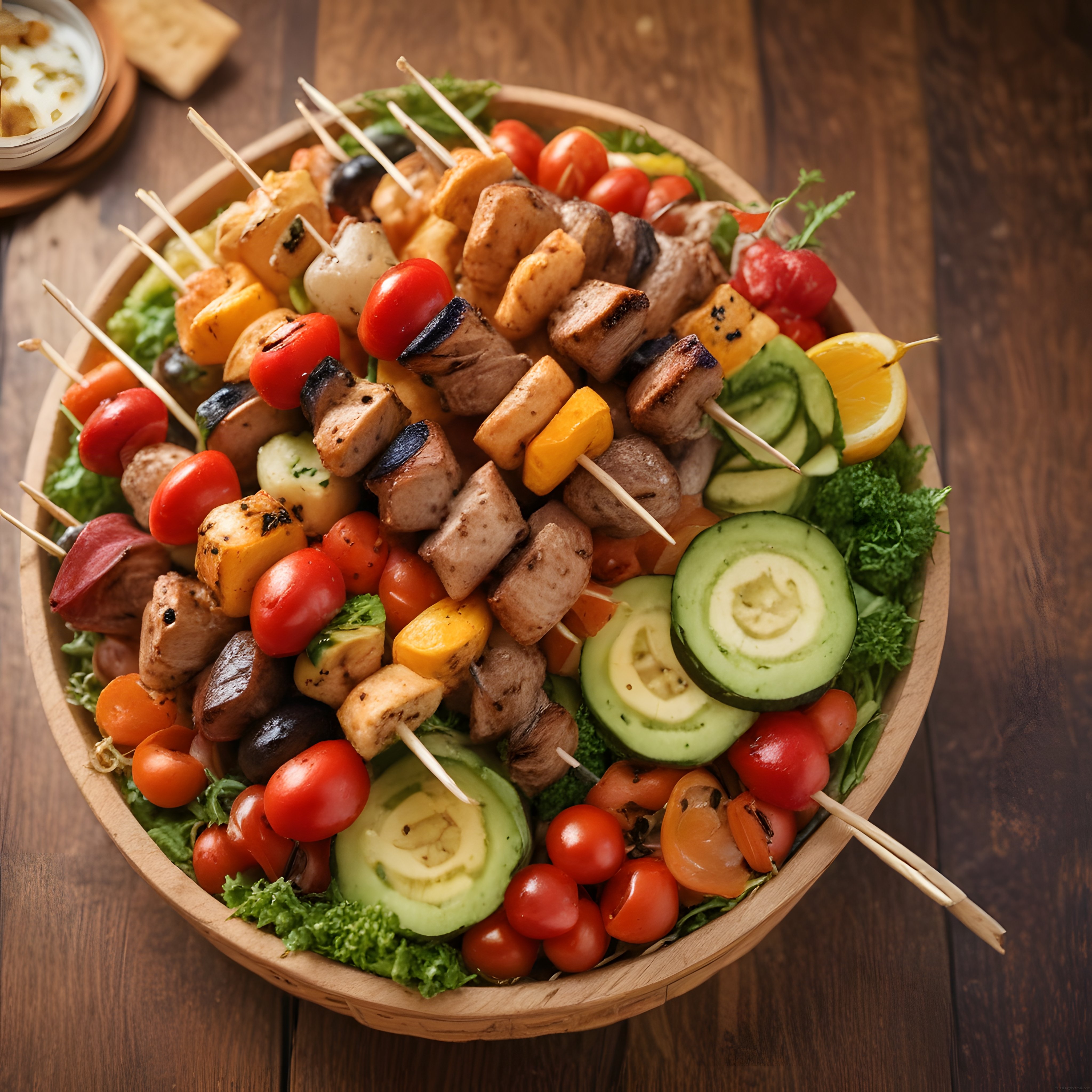 Ahşap Kasede Şiş Kebap, Izgara Et ve Taze Sebzelerle Lezzetli Sunum