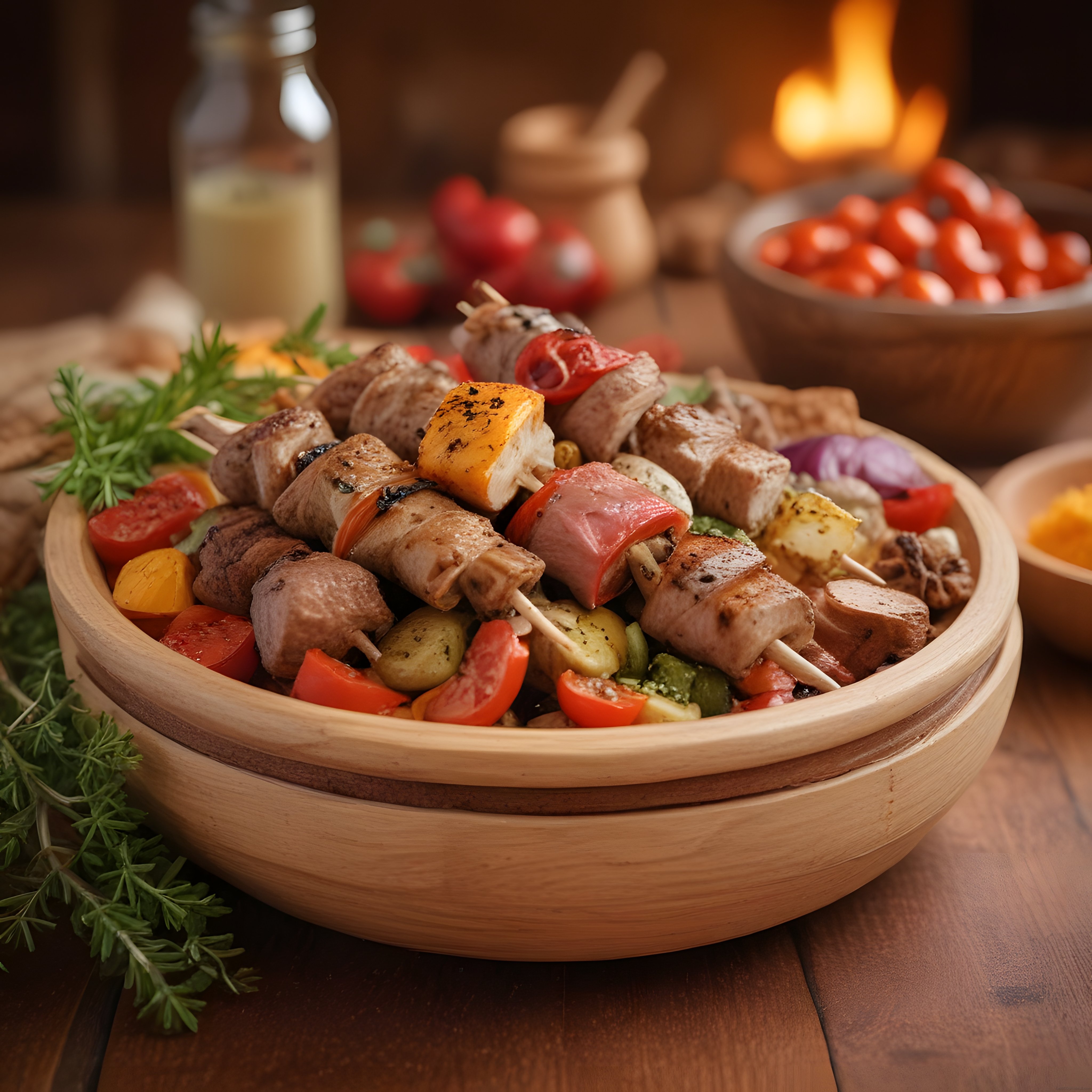 Ahşap Kasede Şiş Kebap ve Izgara Sebzelerle Sıcacık Sofra Sunumu
